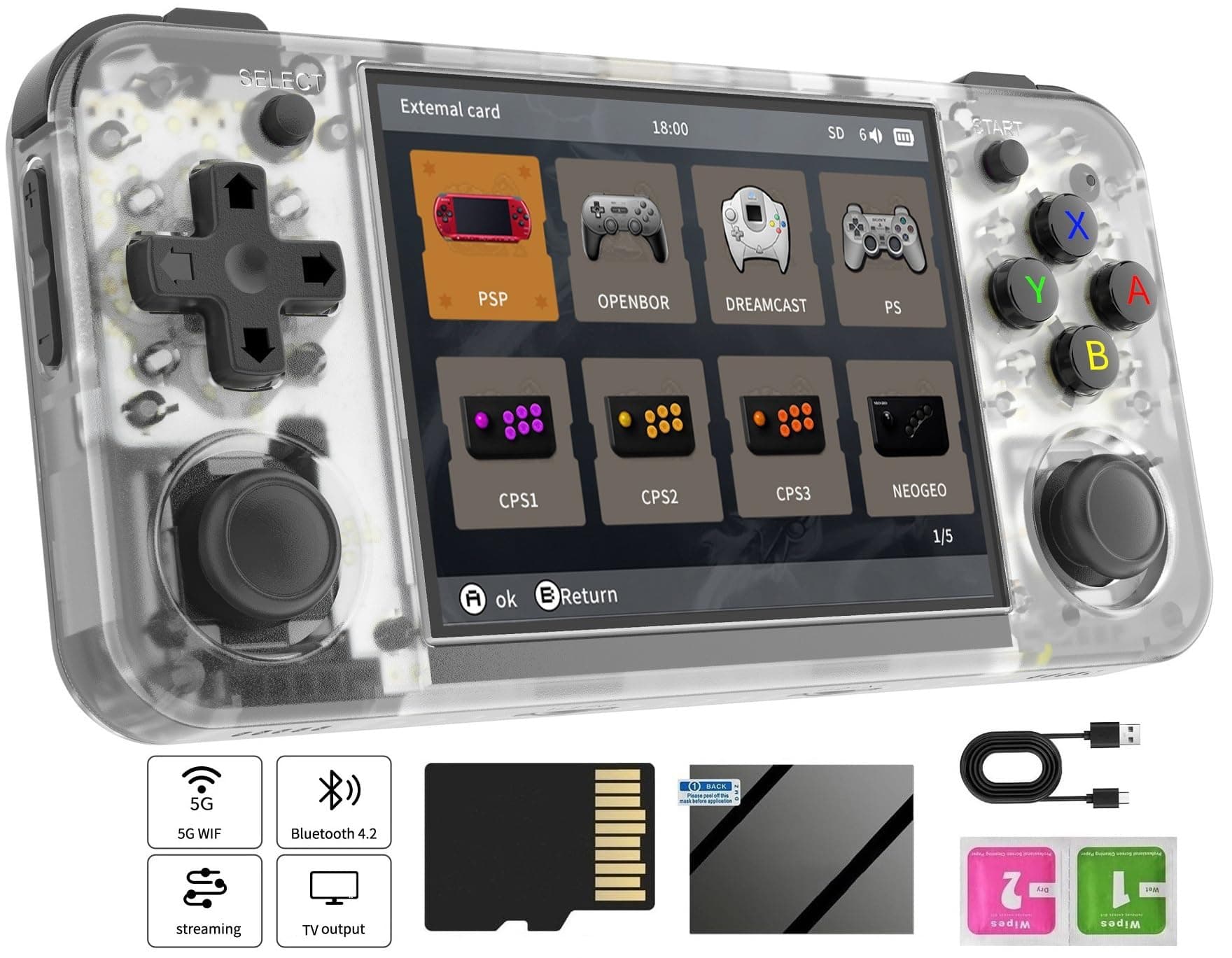 Voacle RG35XX H Retro Handheld Game Console , 3.5 Inch IPS Screen Linux System Built-in 64G TF Card 5528 Games Support HDMI TV Output 5G WiFi Bluetooth 4.2 (Transparent White)