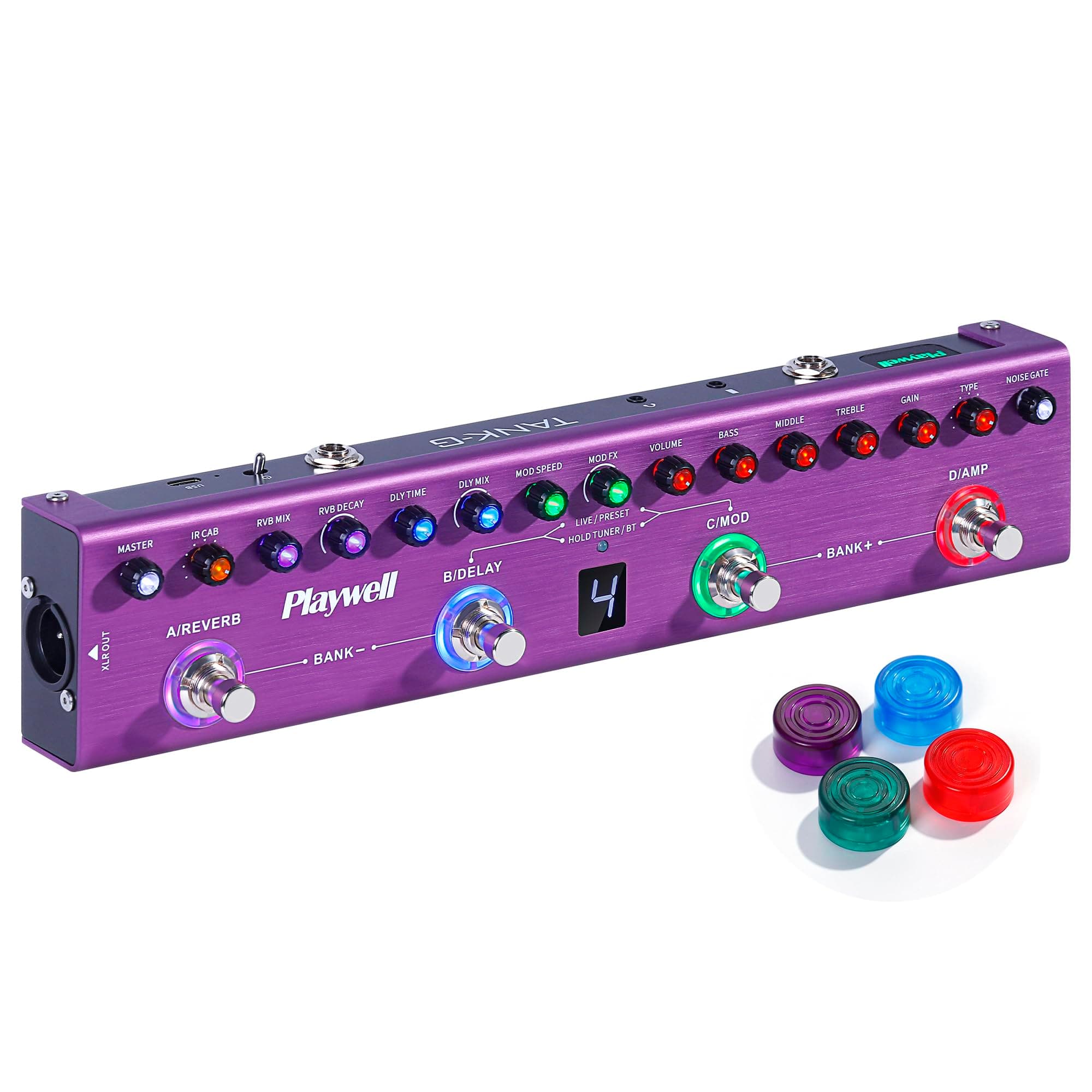 Playwell Multi Effect Guitar Pedal TANK-G Digital Electric Guitar Effector 36 Editable Presets, Chorus, Delay, Reverb, MOD, IR Loading, Recording, Tuner, Built-in Battery, BT, Headphone Jake