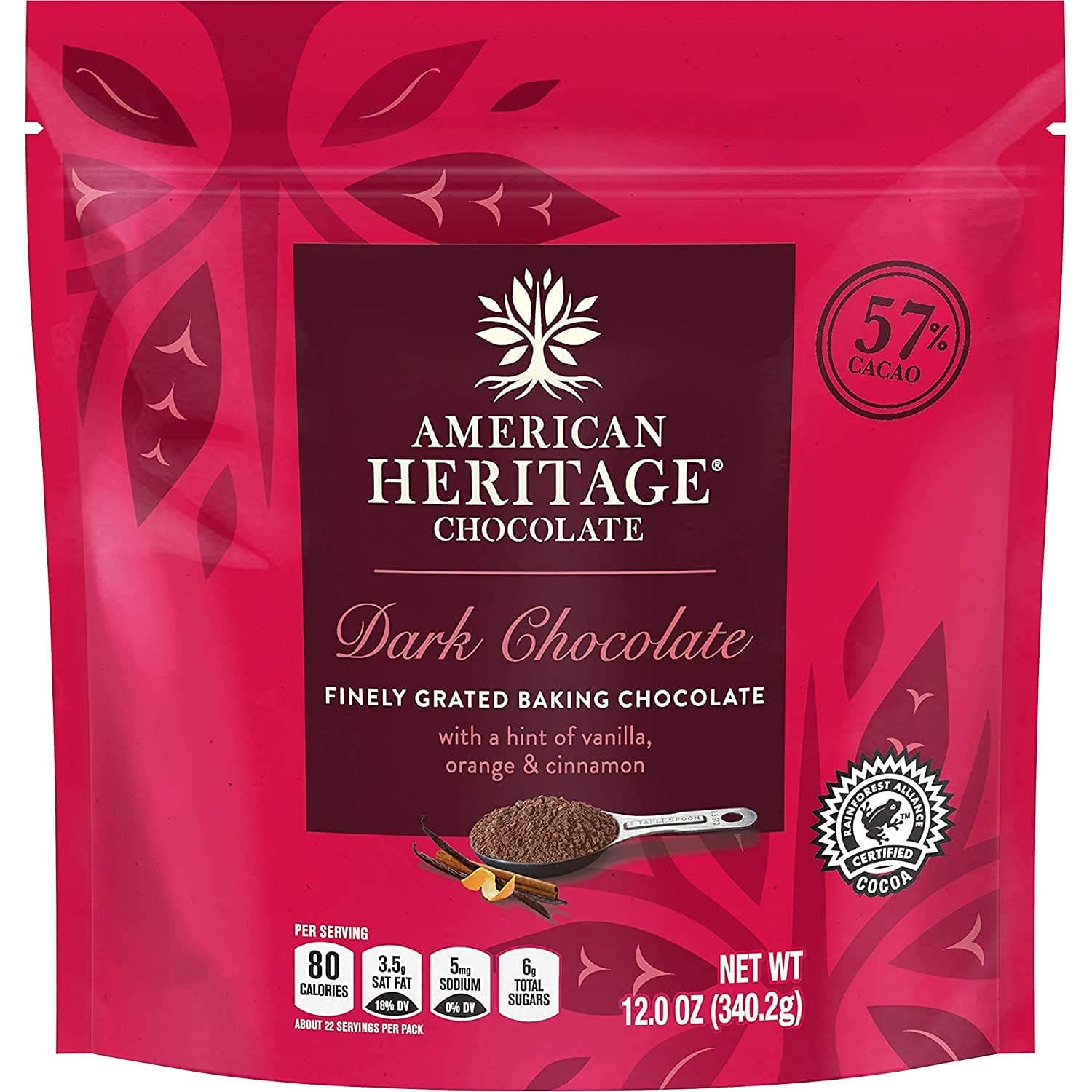 American Heritage Chocolate - 12 Oz - 57% Finely Grated Cacao Baking Artisanal Dark Chocolate with a Hint of Vanilla, Orange, and Cinnamon