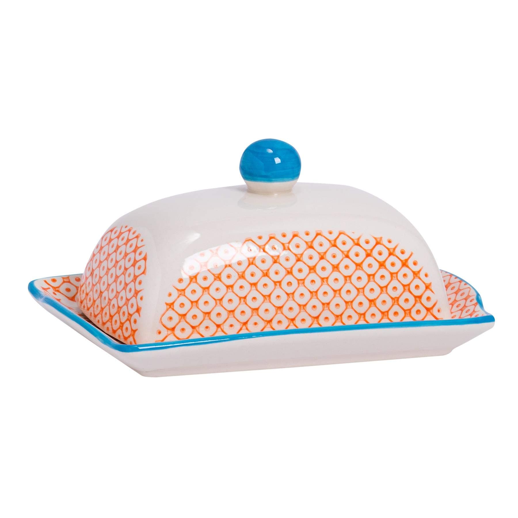 1x 19 x 11 x 9 cm (7 x 4 x 3.5 inches) Orange/Blue Print Patterned Ceramic Butter Dish with Lid