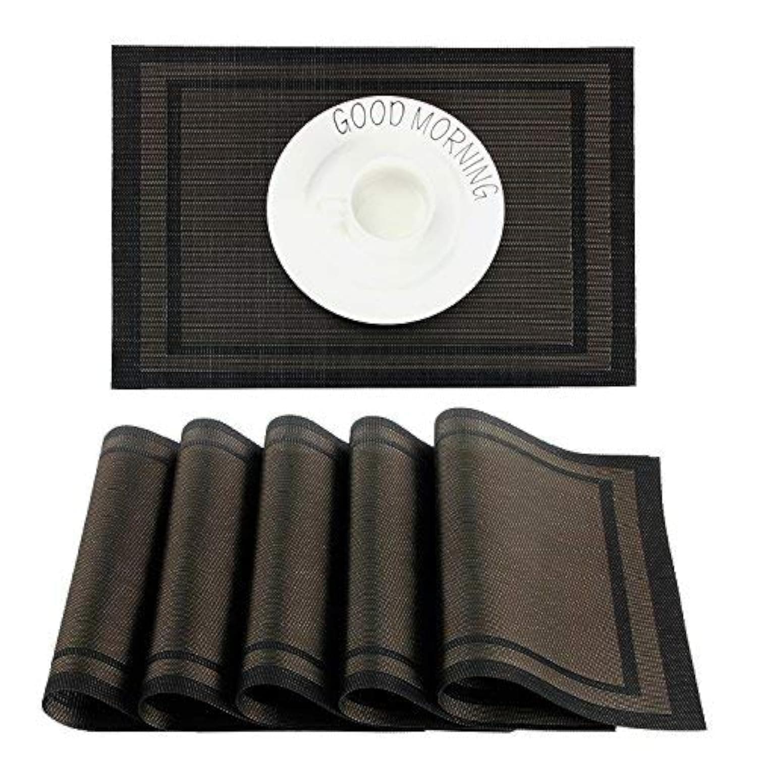 Placemats set of 6,Easy to Clean Non-slip Heat Resistant Dining Table Mats,Washable Crossweave Woven Vinyl PVC Place mats,45CM x 30CM (Black+Gold)