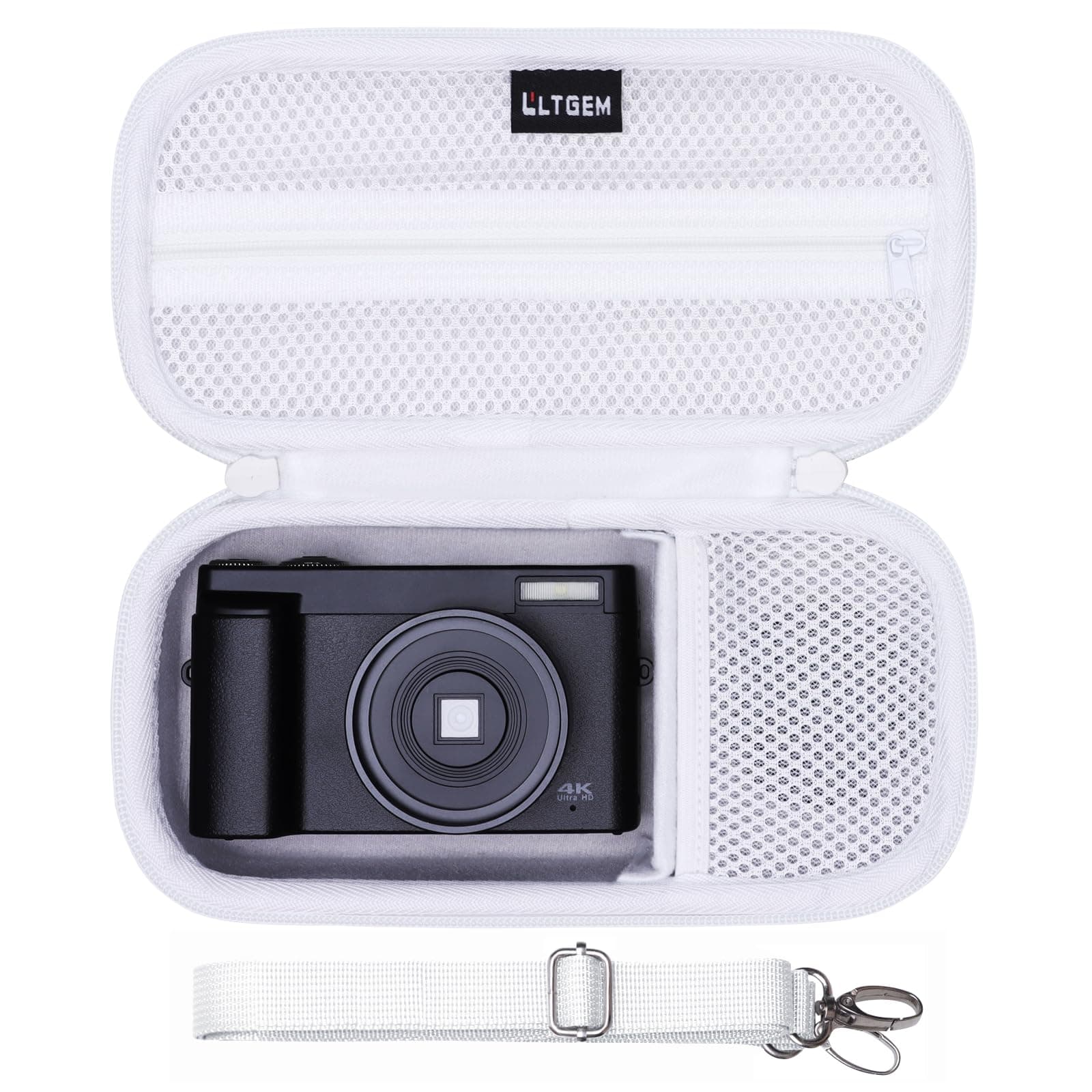 LTGEM Case Compatible with Gavonde/TEBNGIHNM/Duluvulu/Zostuic/Oiadek/zheozeig 4K Digital Camera, Lens, Battery, Cable and Other Accessories with Shoulder Strap(Inside: 8.1" x 3.6" x 1.9"), White