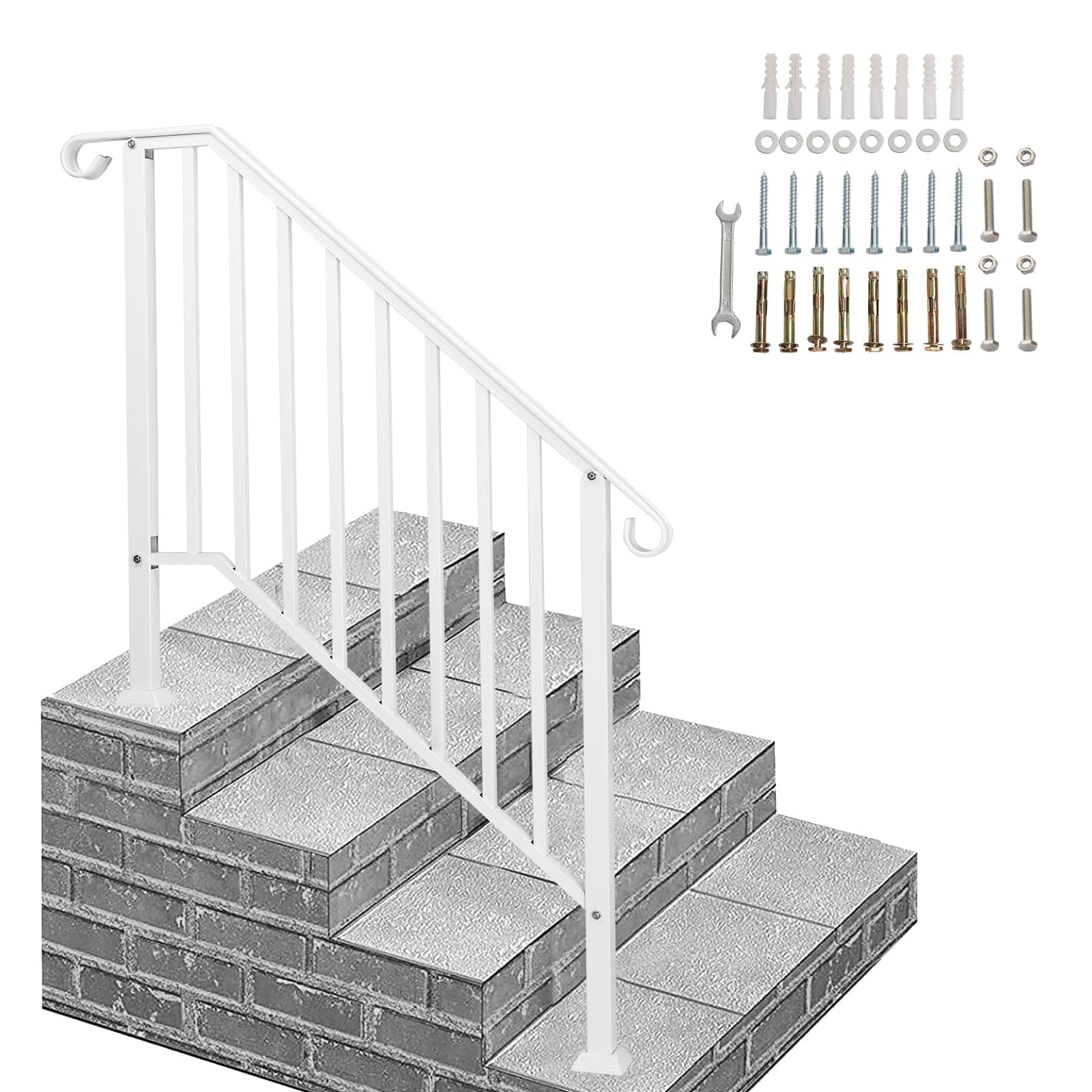 Outvita Handrails for Outdoor Steps, Wrought Iron Handrail Fits 3 or 4 Steps, Transitional Handrail with Installation Kit, Stair Railing for Concrete Steps or Wooden Stairs(White)