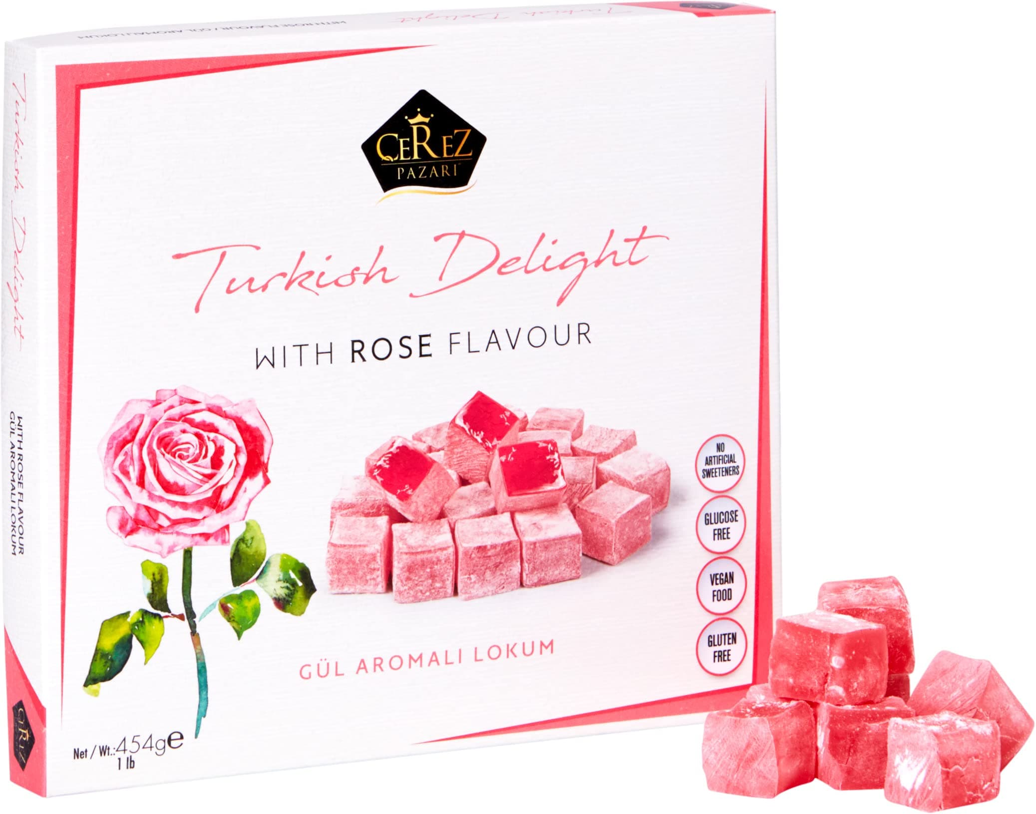 Turkish Delight with Rose Flavor 454g Gourmet Medium Size Snacks Gift Box, No Nuts Sweet Luxury Traditional Confectionery Vegan Soft Candy Dessert Glucose Free Lokum (Loukoumi)