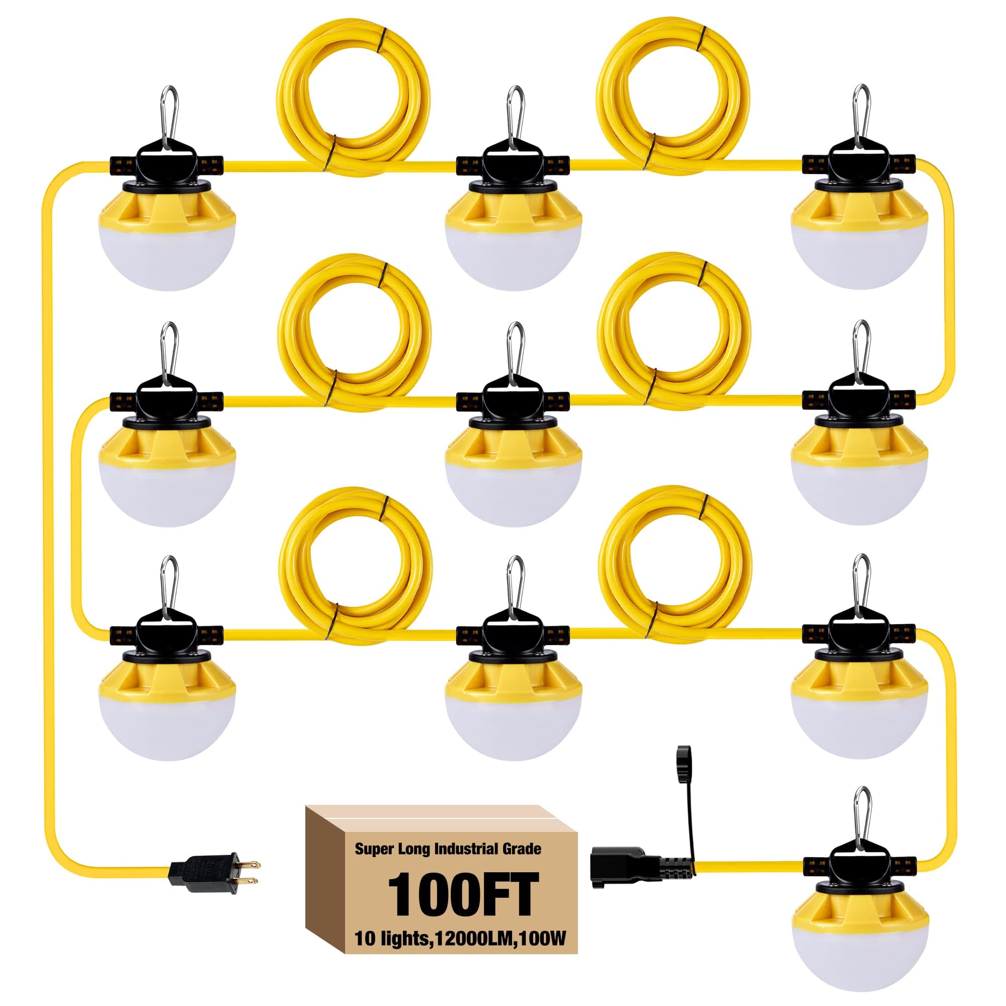 100FT Construction String Lights, IP65 Waterproof ETL Certified LED String Work Lights, 5000K Daylight 18AWG Wire Linkable Temporary Construction Lighting for Jobsite with 10 Bulbs & Hooks