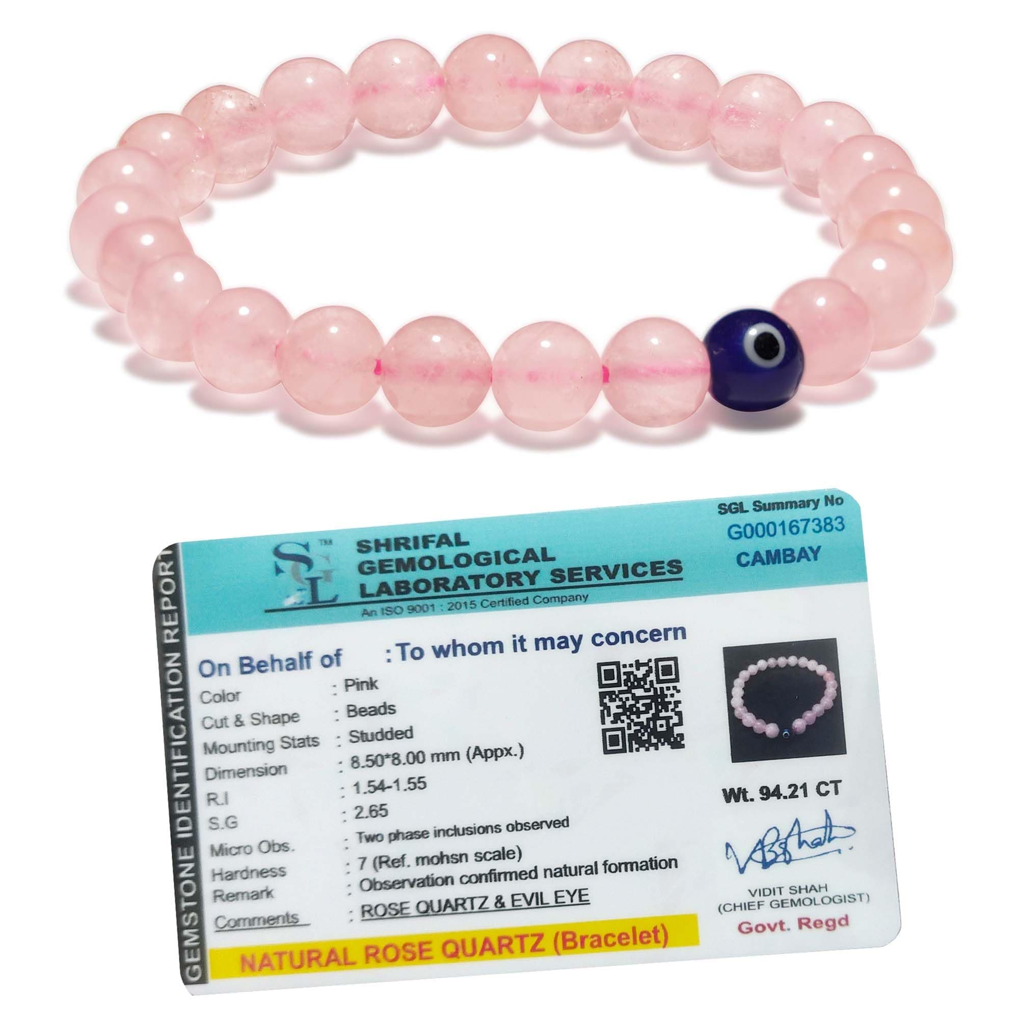 SOLAVAOriginal Rose Quartz Bracelet for Woman and Man with Evil Eye and Lab Certificate - Natural Energised Pink beads Bracelet, Evil Eye Bracelet for Protection, Love and Relationship - 8MM Beads, Free