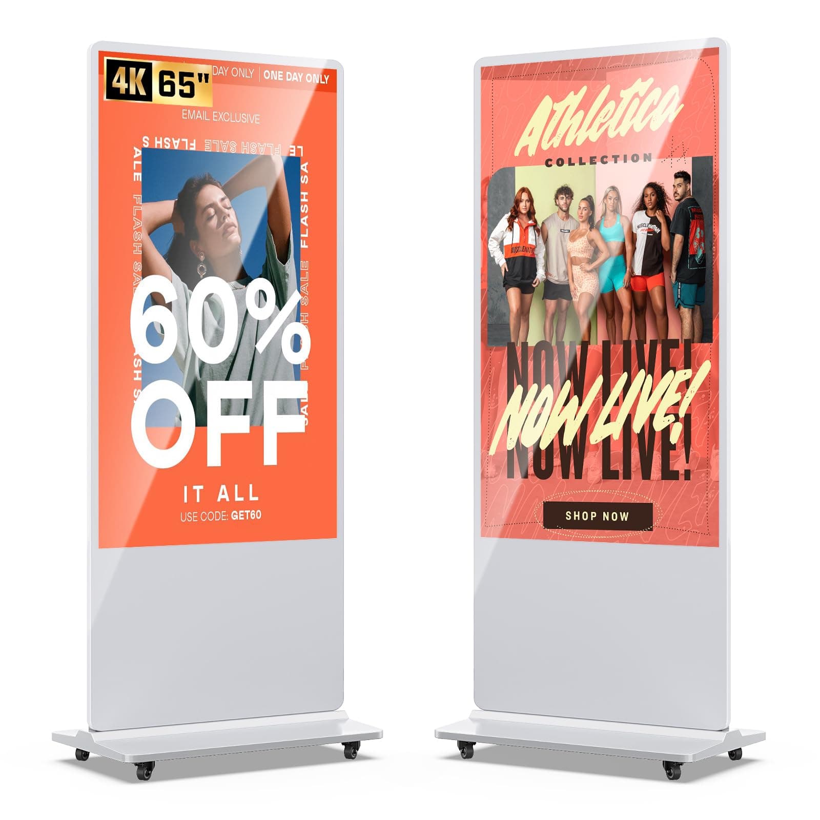 65 Inch 4K Digital Signage Display Kiosk, Indoor Floor Standing Advertising Display Poster, LCD Commercial Display with Auto Media Player, Android System, HDMI/USB/WiFi, White