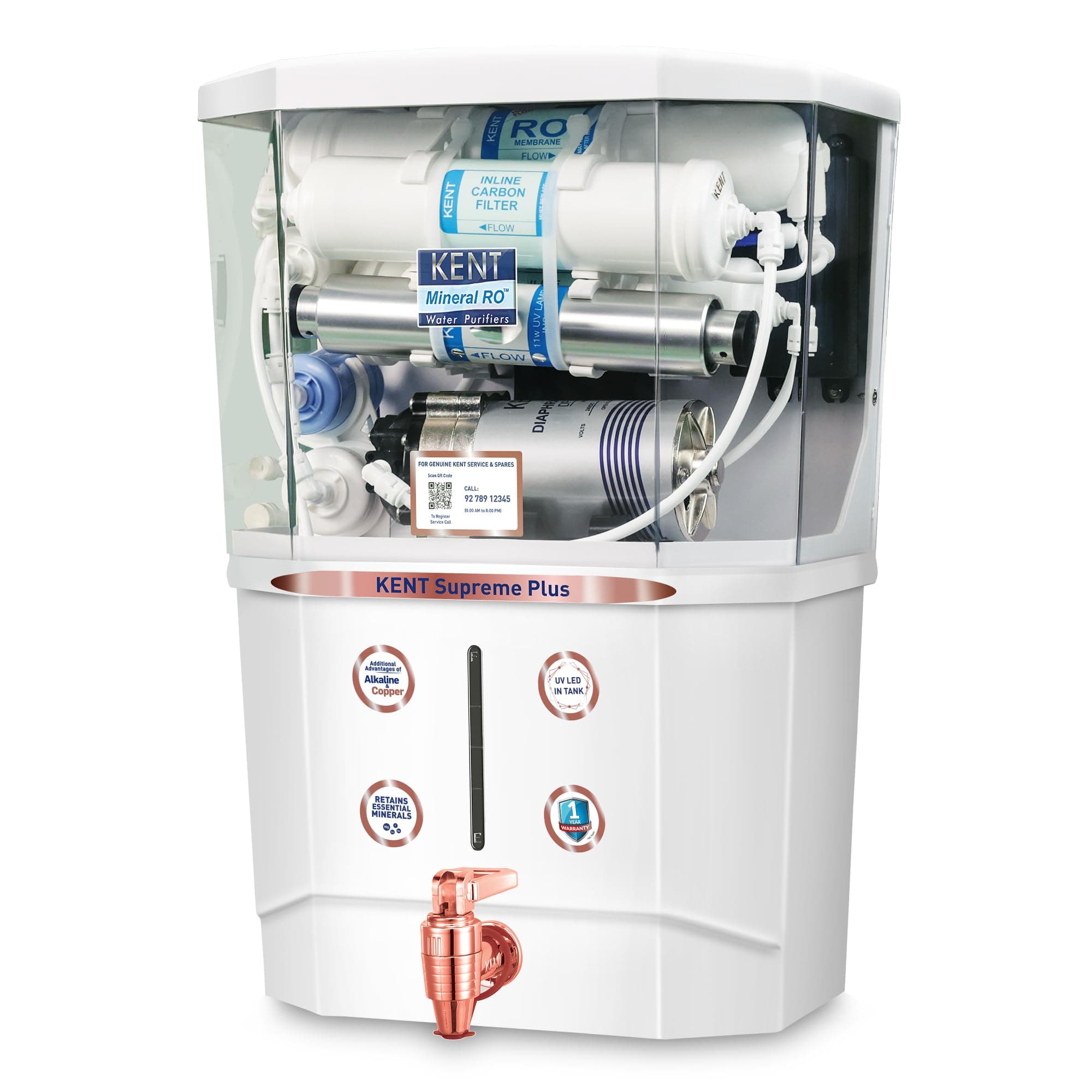 KENT Supreme Plus Alkaline+Copper RO Water Purifier | RO+UV+UF+Alk +Cu+TDSControl+UV LED Tank|Advanced ROTech for Sabse Shudh Paani | Auto Flush | 8L| 20LPH | Ideal for Borewell/Tanker/Municipal Water