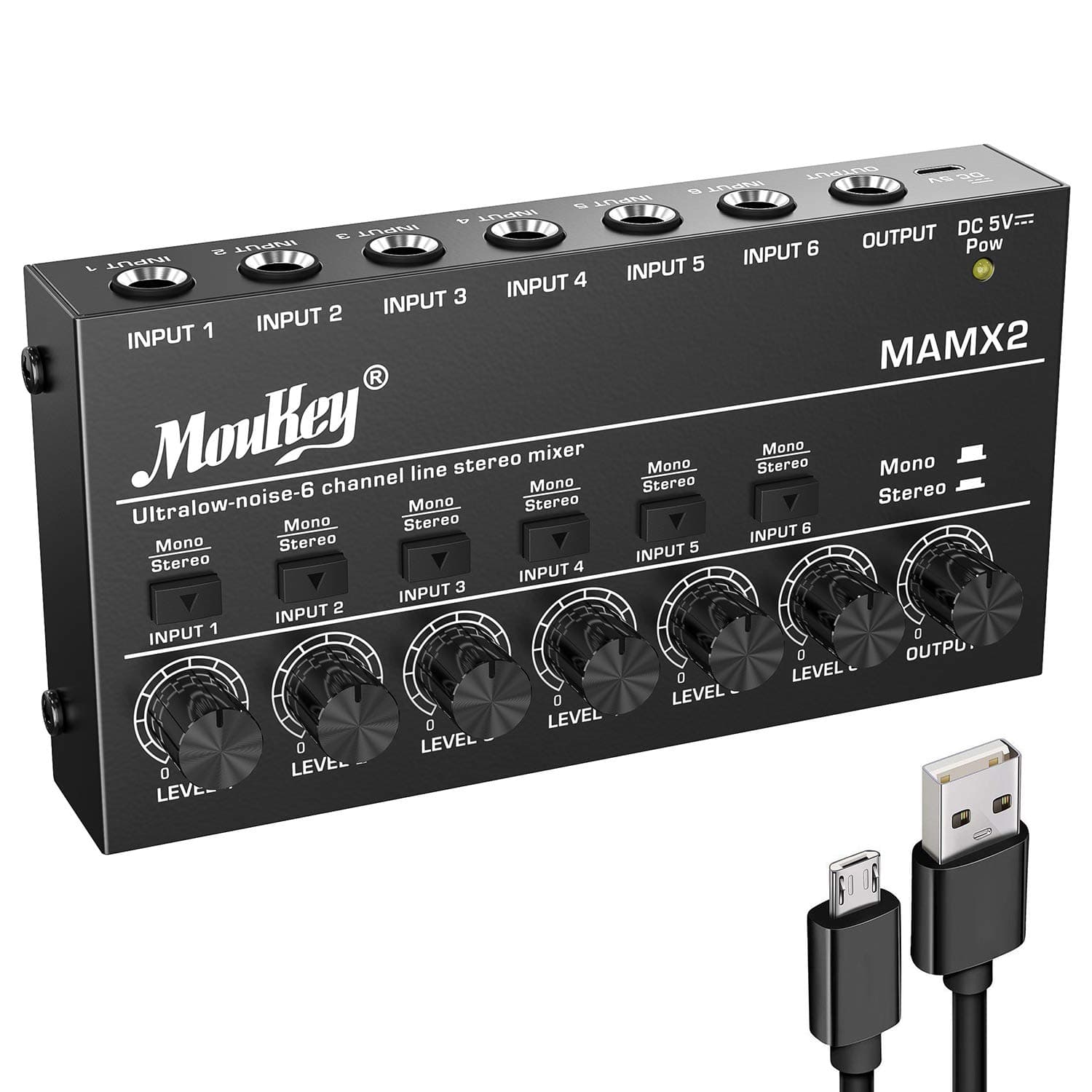 Moukey Audio Mixer, DC 5V, 6 Stereo Ultra, Low Noise 6 Channel Line Mixer for Sub-Mixing, for Small Clubs or Bars, As Guitars, Bass, Keyboards Mixer, MAMX2