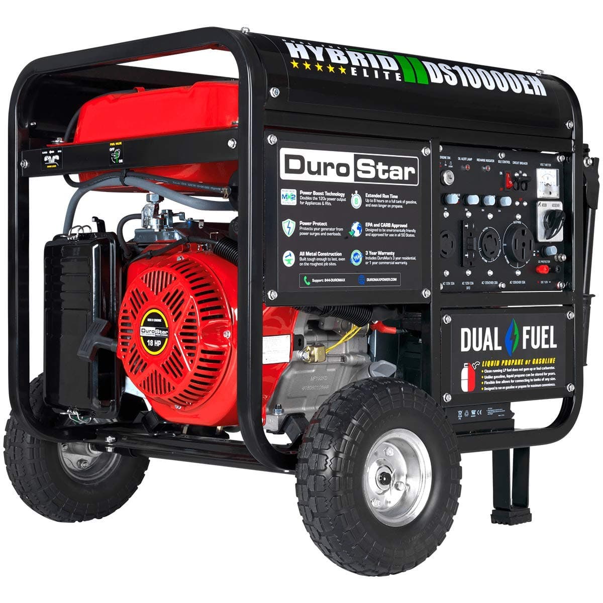 DS10000EH Dual Fuel Portable Generator-10000 Watt Electric Start-Home Back Up & RV Ready, 50 State Approved, Red/Black