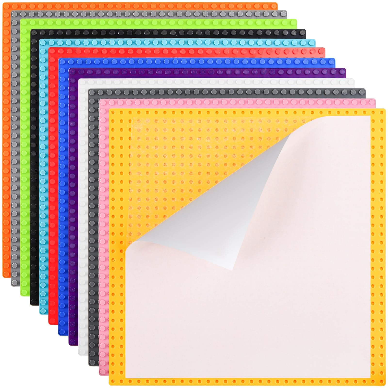 – 12 Pack Peel and Stick Baseplates, 10 x 10 Inch Self Adhesive Building Base, Compatible with Most Standard Building Bricks, Building Brick Plates for Activity Tables, Walls, 12 Colors