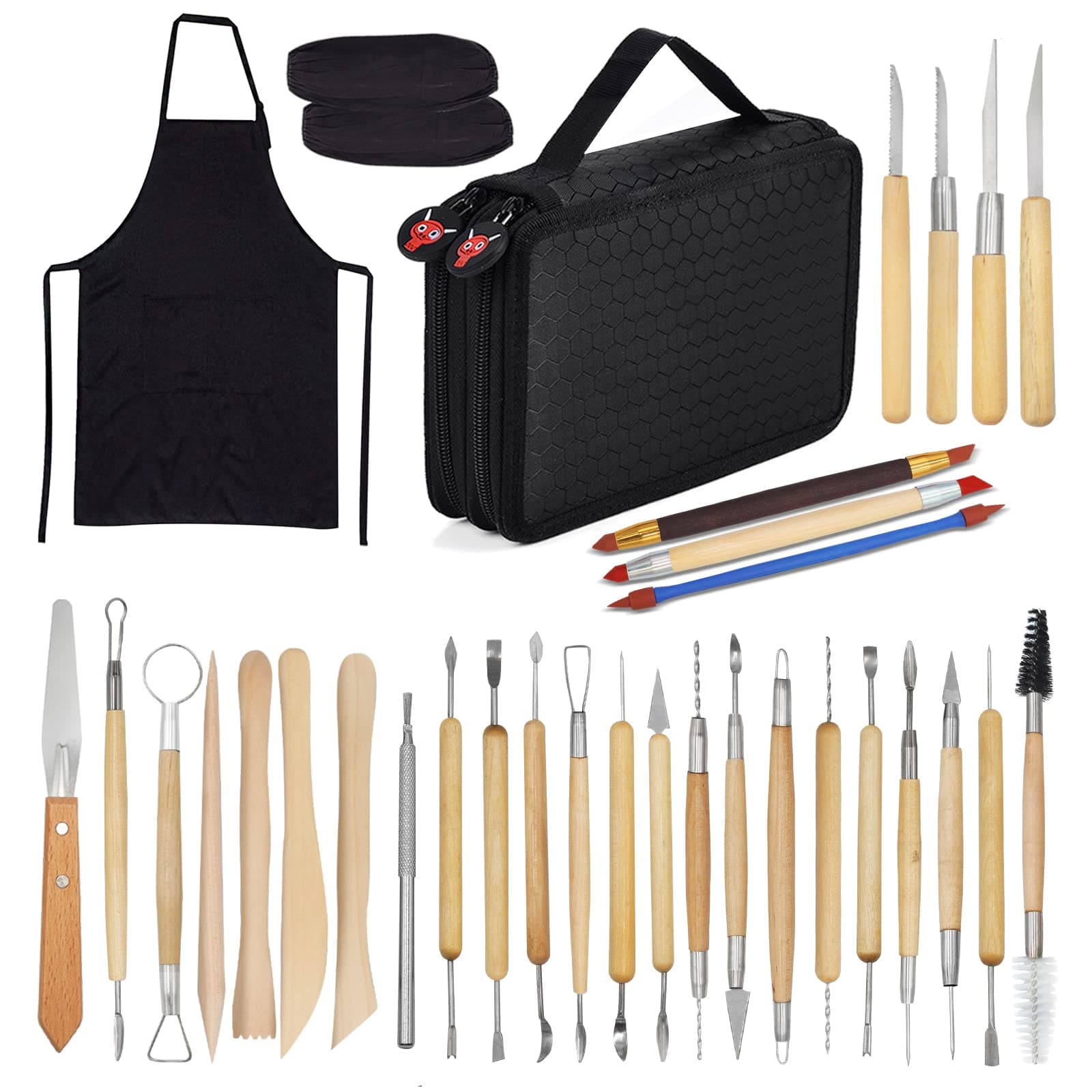 YZNLife Set of 30 Clay Sculpting Tool Wooden Handle Pottery Carving Tool Kit with Carring Bag,Apron and Sleeves for Pottery Modeling, Smoothing, Carving & Ceramics