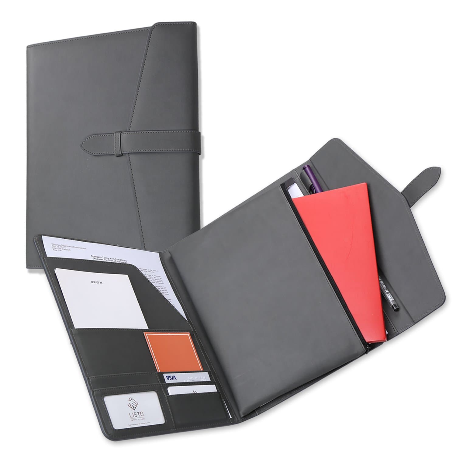 Trifold Portfolio with Secret Zipper Pouch for Tablet PC or iPad or Kindle, Document Organizer Including Letter Sized Writing Pad, Padfolio with Neat Strap Closure Classic Design Gray Color