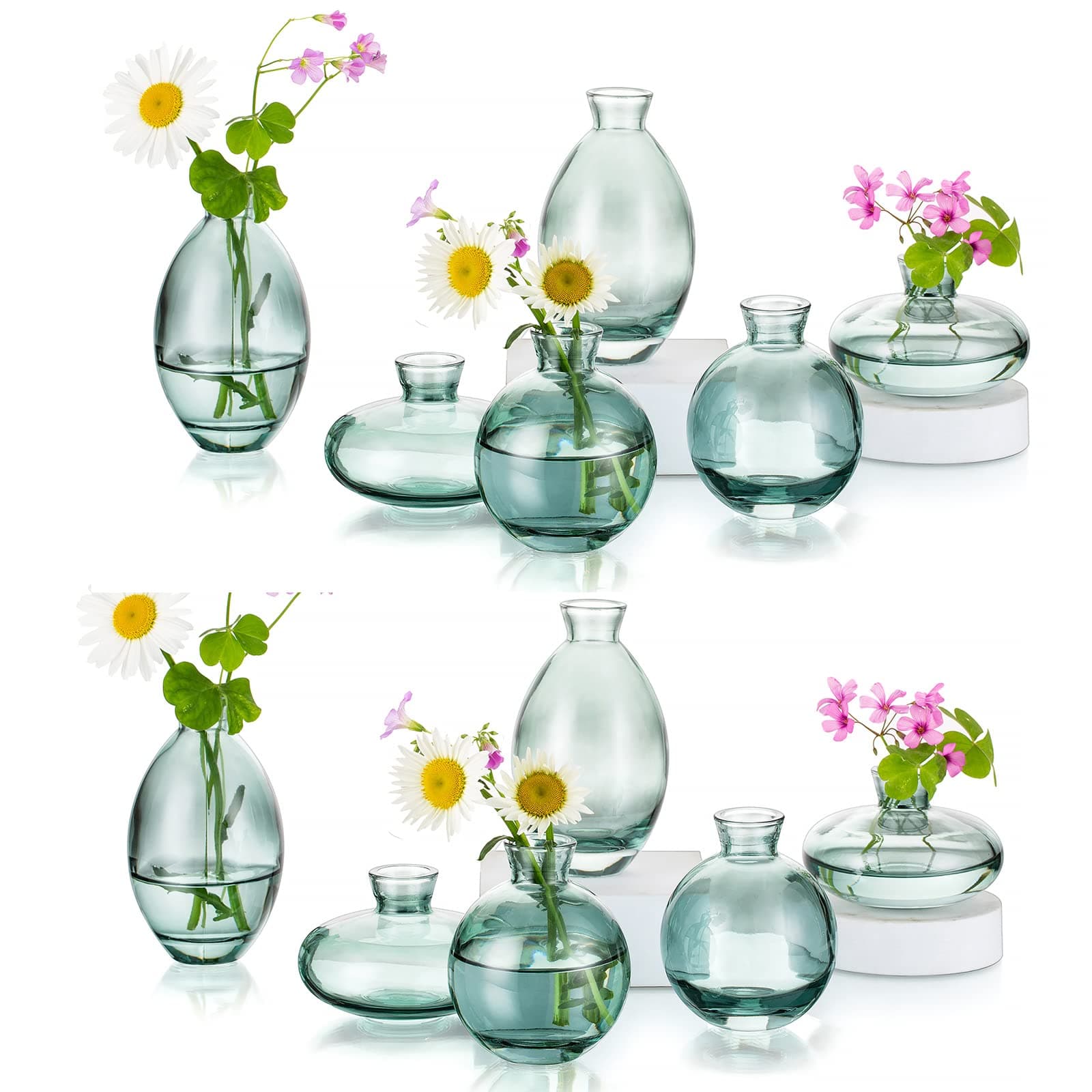 Glass Bud Vases Set of 12, Hewory Cute Green Small Vases Handmade, Mini Glass Flower Vase for Floral Arrangement, Tiny Centerpiece for Home Office Wedding Party Events Table Decor (Not Include Flower)