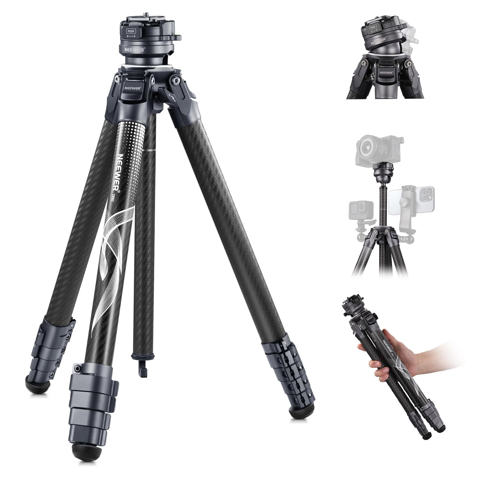 NEEWER LITETRIP LT32 62" Travel Tripod Carbon Fiber with ±15° Leveling 360° P...