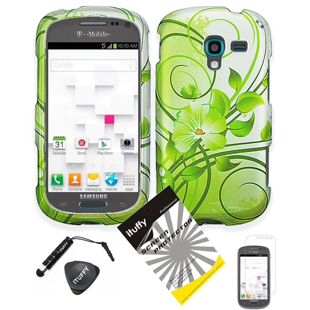 4 items Combo: ITUFFY (TM) LCD Screen Protector Film + Mini Stylus Pen + Case Opener + Silver Green Vine Hawaiian Flower Design Rubberized Snap on Hard Shell Cover Faceplate Skin Phone Case for (MetroPcs/ T-Mobile) Samsung Galaxy Exhibit (2013) / T599 / SGH-T599 (Not Compatible with Exhibit 2 II)