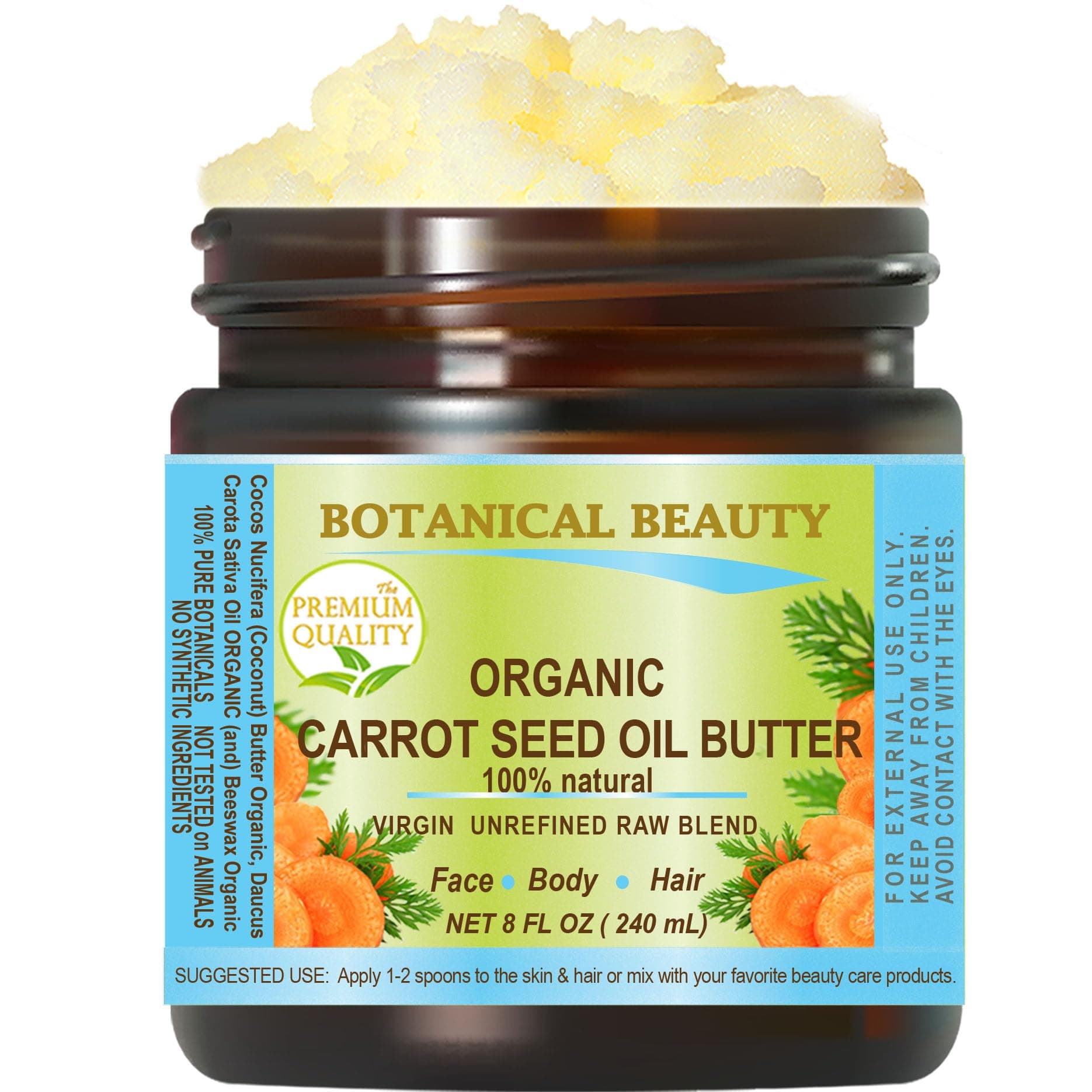Botanical Beauty CARROT SEED OIL BUTTER Pure Natural Virgin Unrefined RAW 8 Fl. Oz.- 240 ml for FACE, SKIN, BODY, DAMAGED HAIR, NAILS. Rich in Beta Carotene, Vitamin E