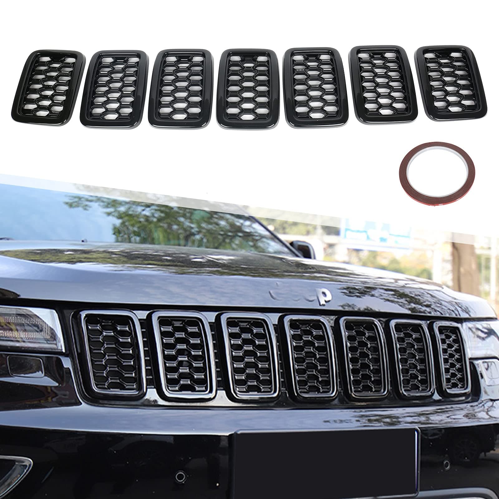 sportuli 7PCS Black Honeycomb Mesh Front Grill Inserts Kits Replace for 2017-2021 Jeep Grand Cherokee