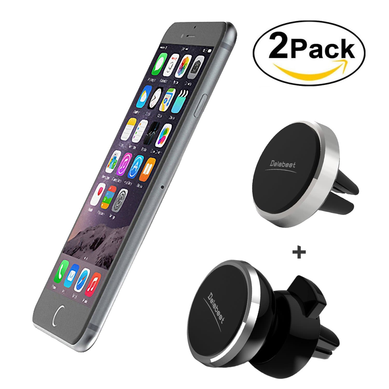 Magnetic Mount, Air Vent Phone Holder, Delabest Air Vent Magnetic Universal Car Mount Holder with Fast Swift-Snap Technology for Smartphones and Mini Tablets (2-Pack)