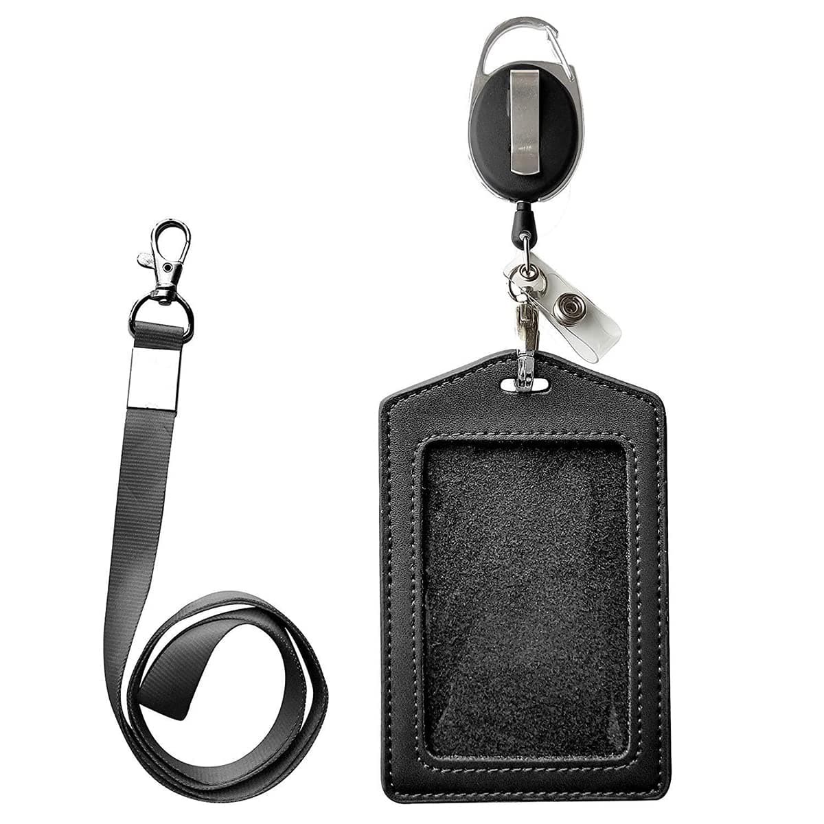 NALANDA Leather ID Card Case Badge Holders with Clear ID Window Detachable Neck Lanyard Strap and Retractable Badge Reel ID Card Holders Office Badges Accessories Set-Black