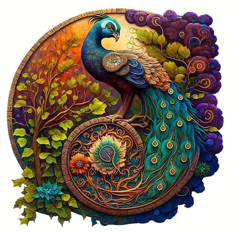 Wooden Puzzle for Adults Wood Cut Puzzles with Animal Shaped Pieces Unique Jigsaw Puzzles Magic Wooden Jigsaw Puzzles Great Gift for Your Family or Friends (S, Peacock)