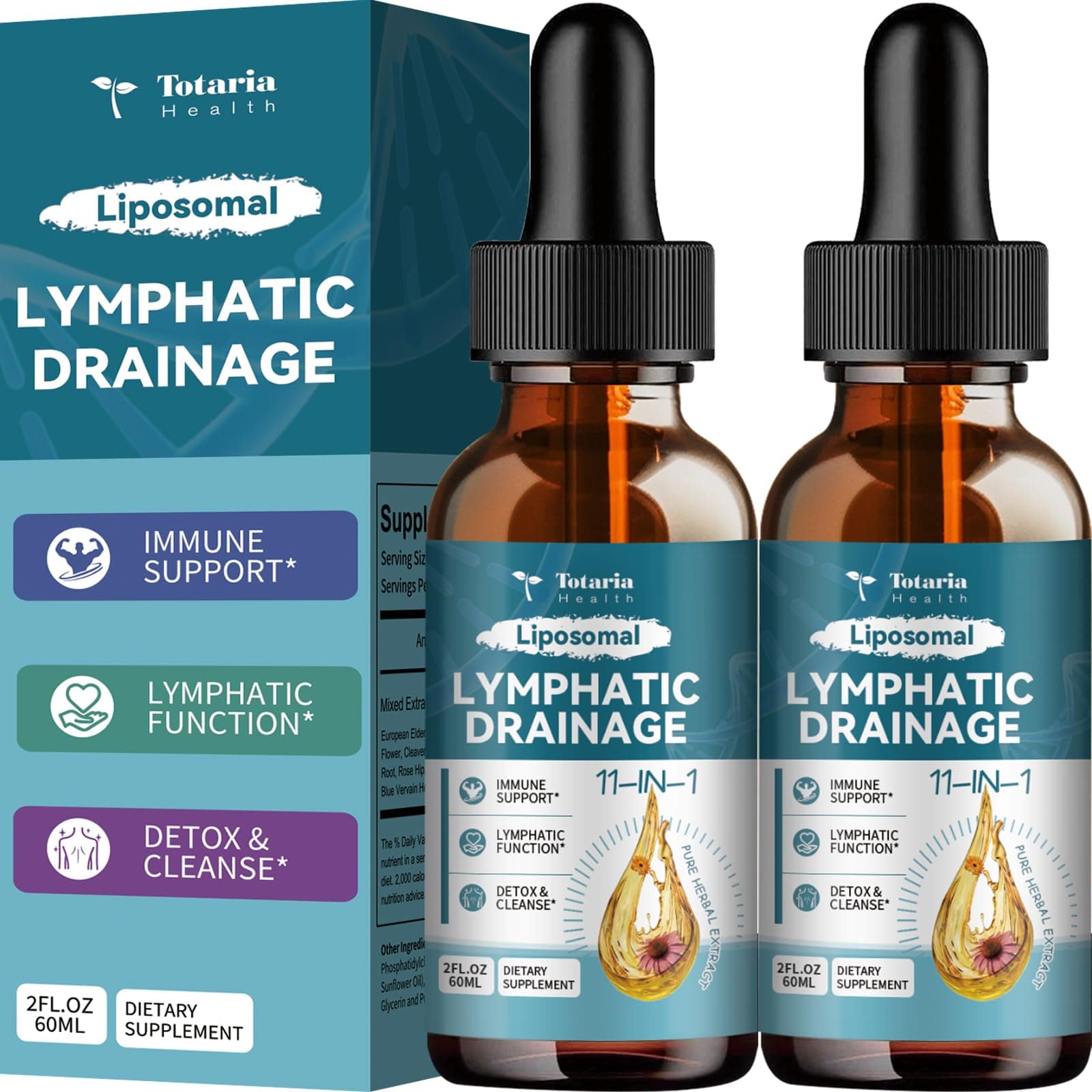 2Pack Liposomal Lymphatic Drainage Drops - 11 In 1 Organic Lymphatic Drainage Supplement with Burdock Root, Echinacea, Elderberry, Calendula, Cleavers Herb, Dandelion Supports Lymphatic Health 4 FL.OZ