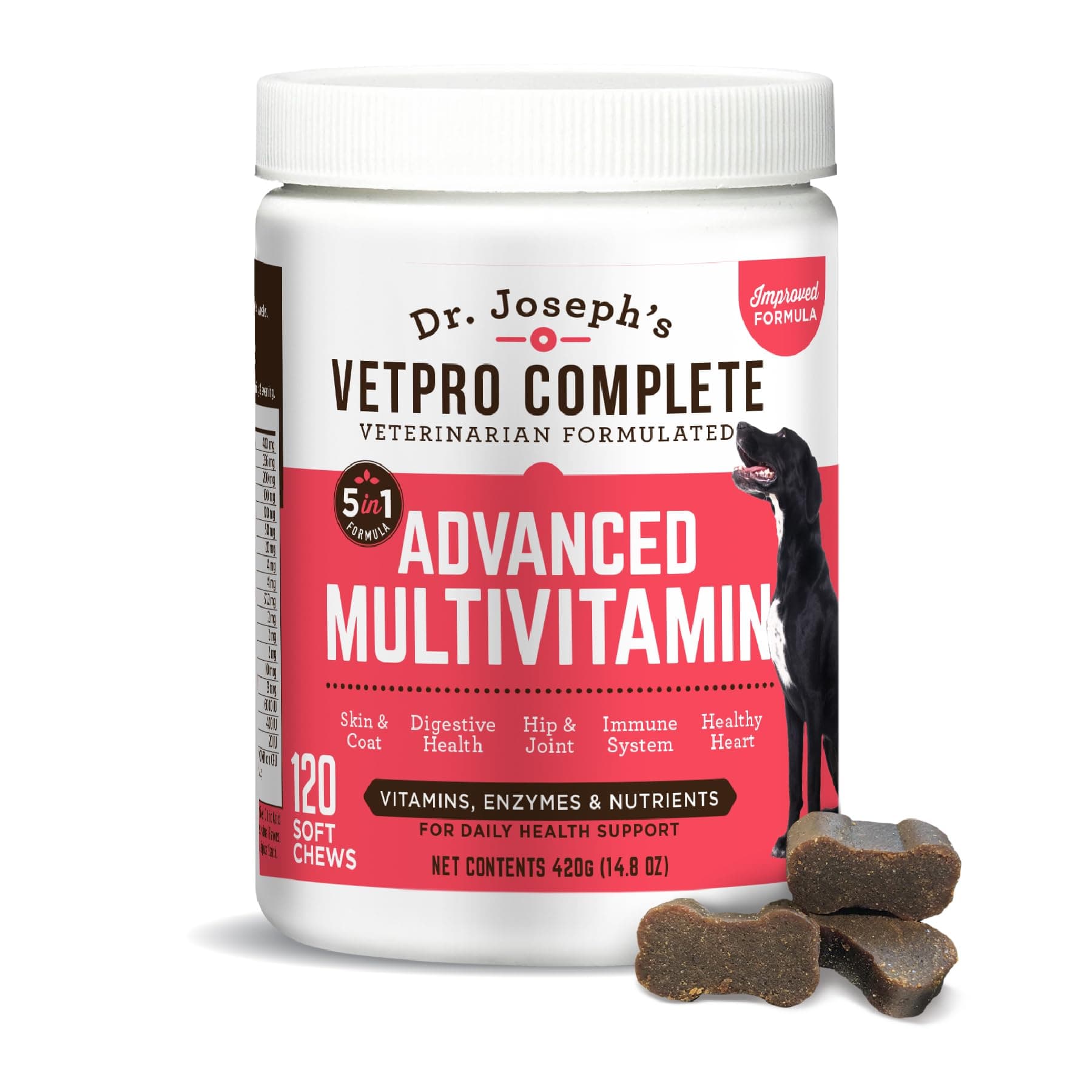 Dr. Joseph's VetPro Complete Multivitamin Dog Supplement, 120 Count, 5in1 Chew with Vitamins, Enzymes & Nutrients, Glucosamine for Hip & Joint Health, Immune System & Allergy Support
