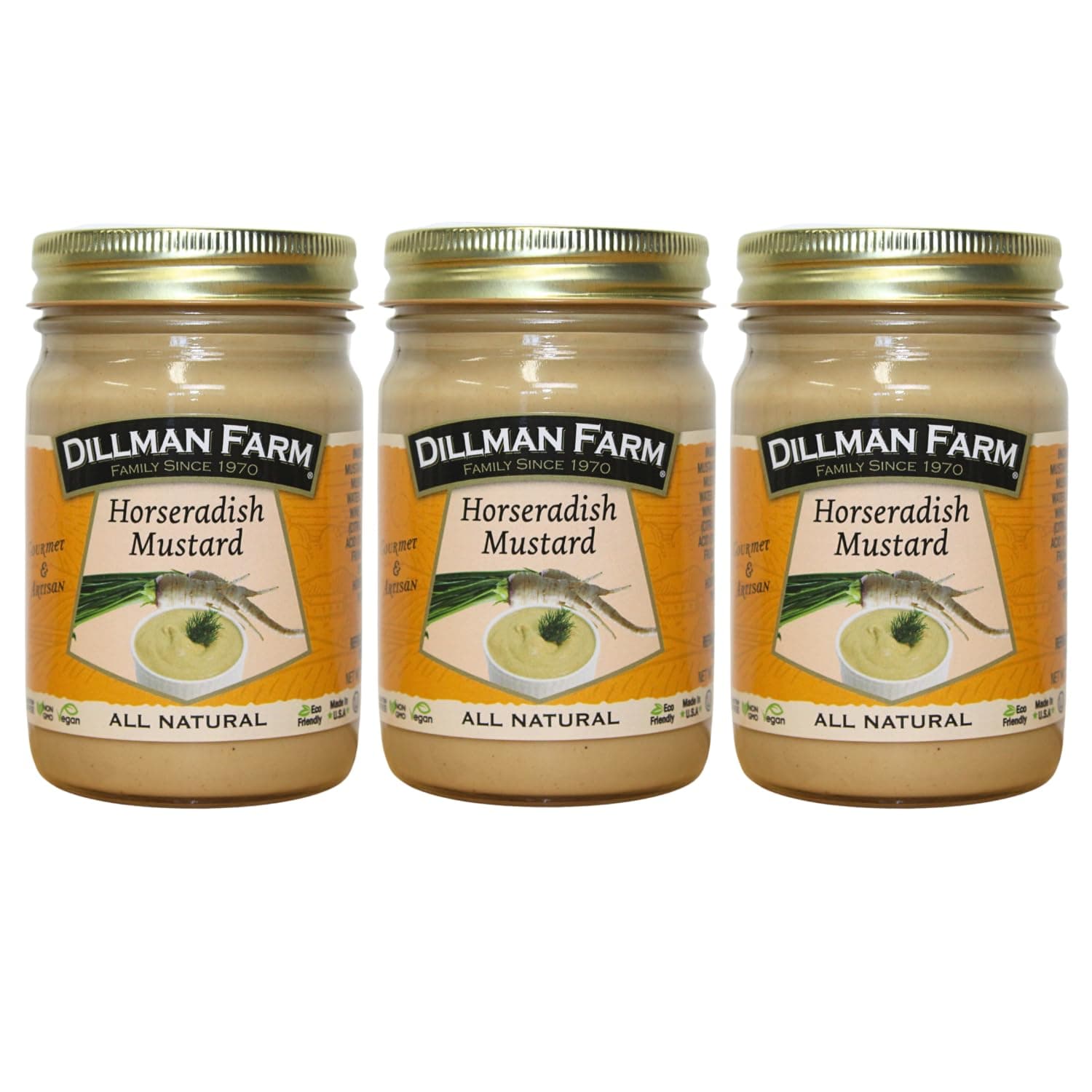 Dillman Farm All Natural Gourmet Horseradish Mustard - Gluten-Free, Non-GMO, Vegan, Kosher, Preservative Free, Corn Syrup Free - Made in USA, 13oz (Pack of 3)