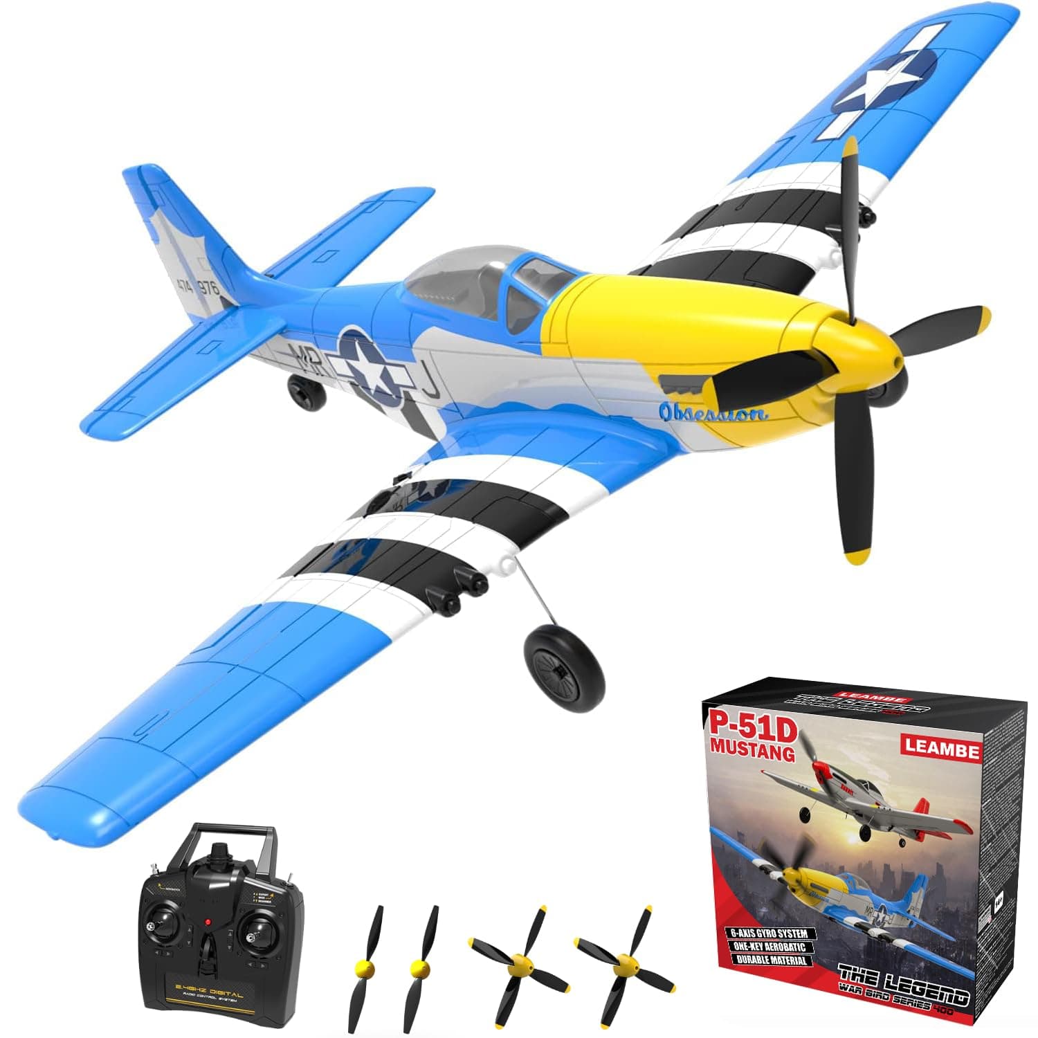LEAMBE 4 Channel RC Plane, Ready to Fly Aerobatic Aircraft, Easy Control for Beginners, P51 Mustang RC Airplane for Adults Blue