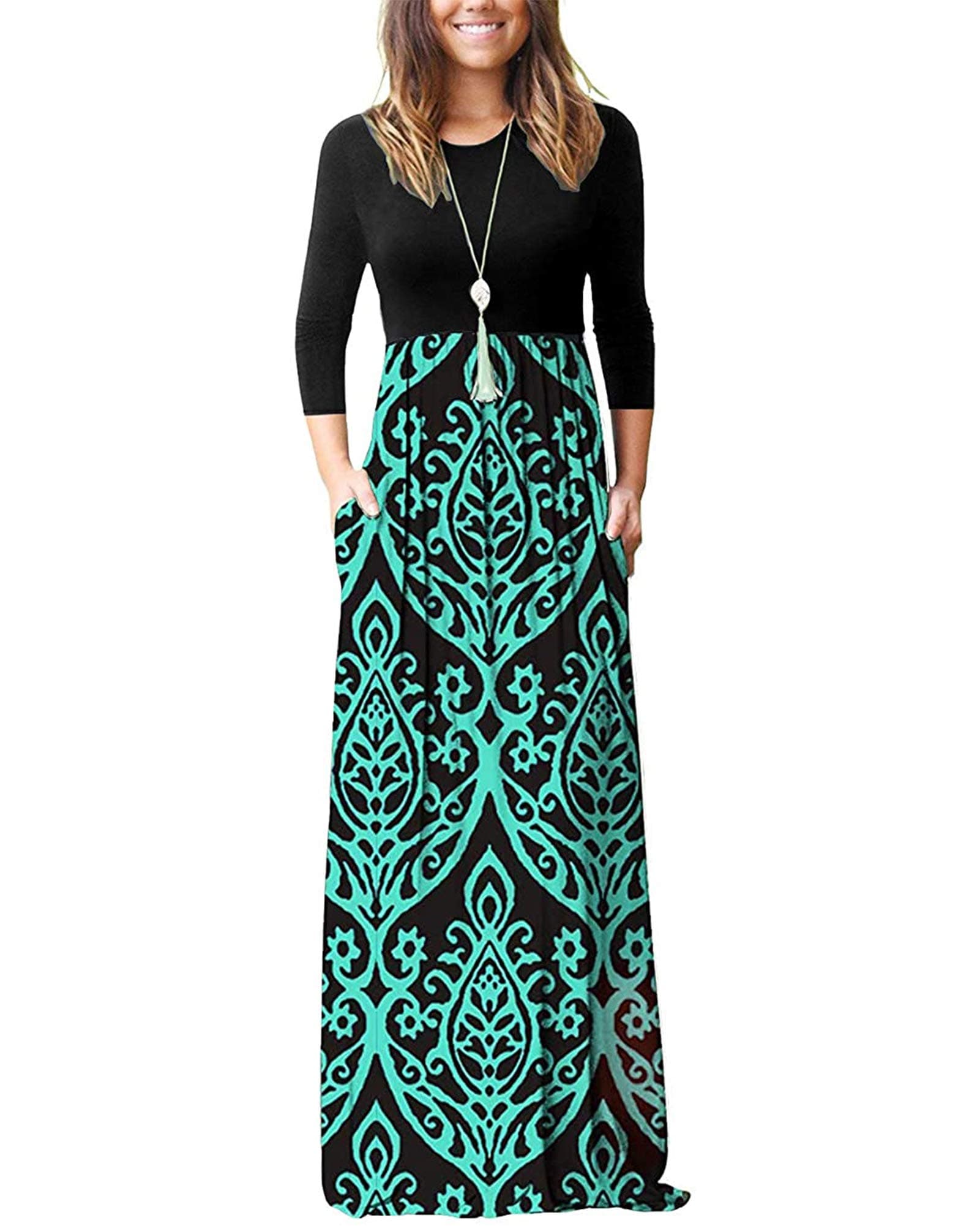 Women's 3/4 Sleeve Casual Loose Long Maxi Dresses with Pocket