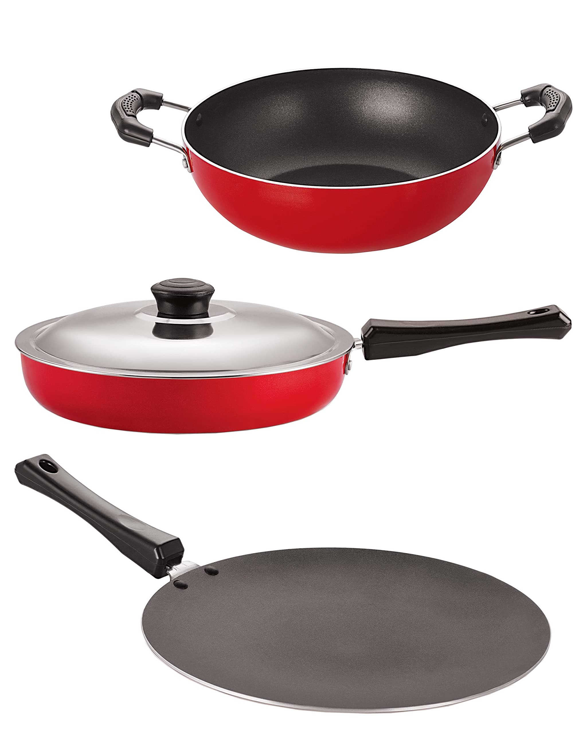 Non-Stick Cookware Pots & Pan Combo Set (Concave Tawa 28.5 cm,Fry Pan with Steel Lid 2.25 LTR, Kadai 1.5 LTR)