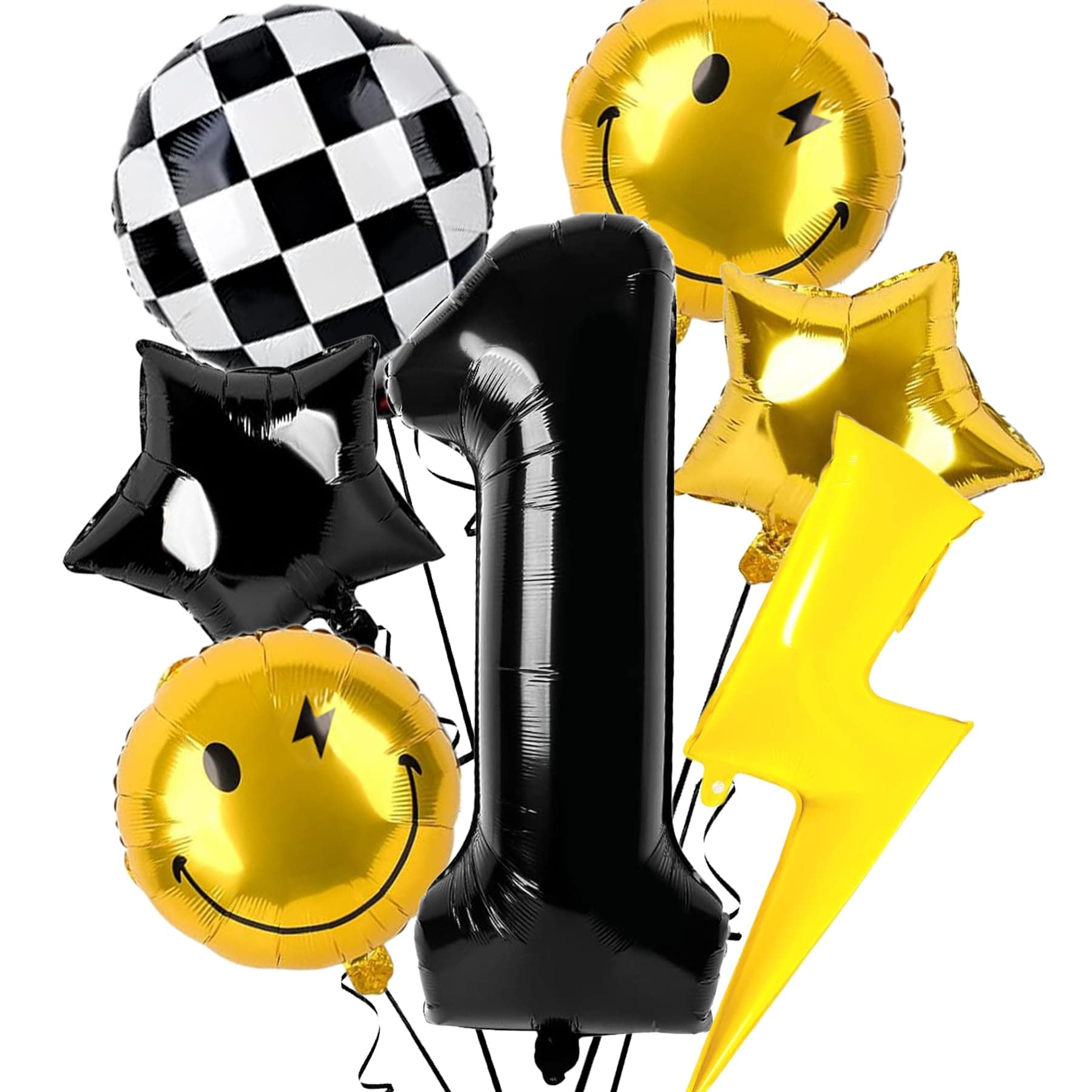 NANAGALI 7pcs One Happy Dude Birthday Decorations, 40" Black Lightning Bolt Eyes Balloon for One Happy Birthday Decor - Aluminum Foil Helium Balloons for Baby Boys/Girls