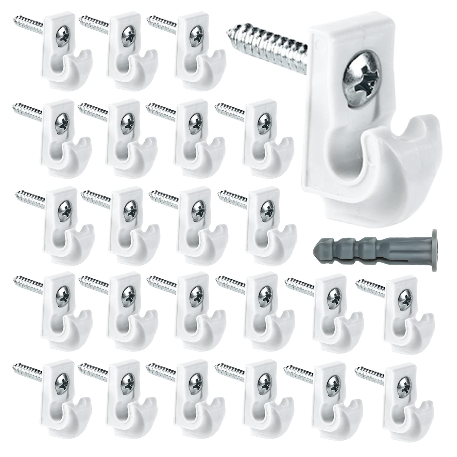White Down Wall Clip Closet Shelves Clips Wire Shelf Loop Clips Plastic Heavy Duty Wire Shelf Brackets Included Clips Screws and Expansion Tubes for Wire Closet Shelving (24 Pack)