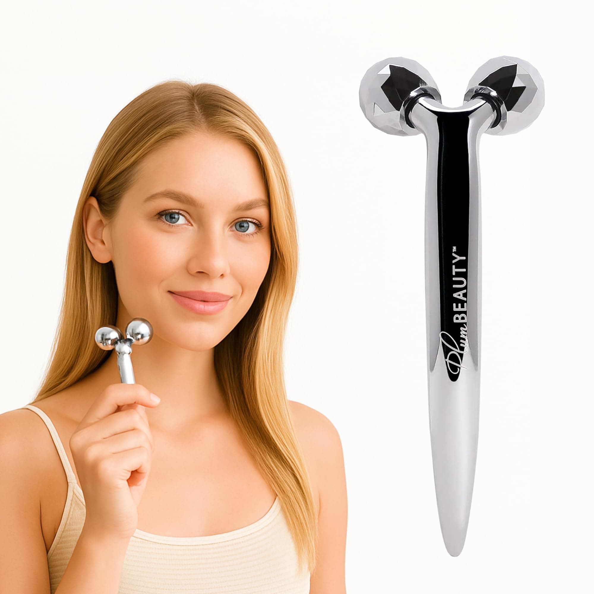 Plum Beauty Contouring Face Roller - Skin Care Face Massager Tightens & Tones Skin Appearance, Improves Complexion, and Reduces Aging & Wrinkles, Silver