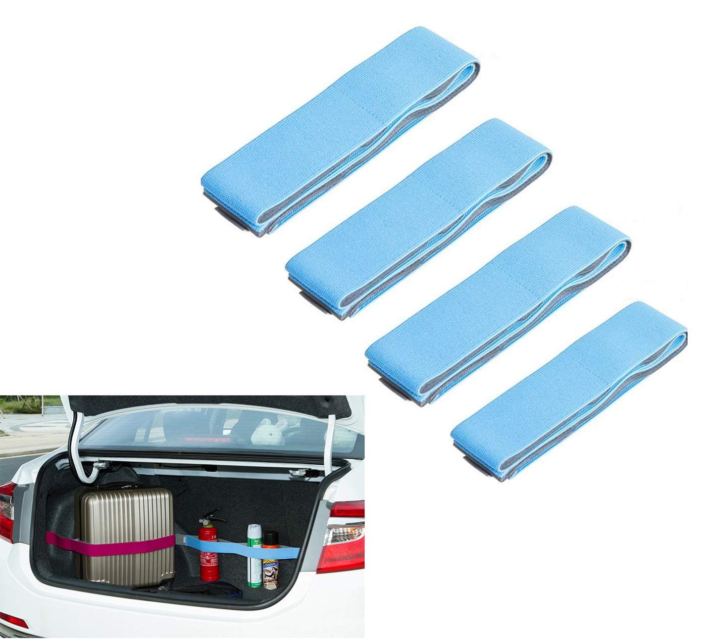 Wommty Multipurpose Auto Car Trunk Organizer Hook&Loop Elastic Straps Fixed Band Cargo Bandages for SUV Vans Basketball Bottle and Fire Extinguisher, 4 Pack (Blue)