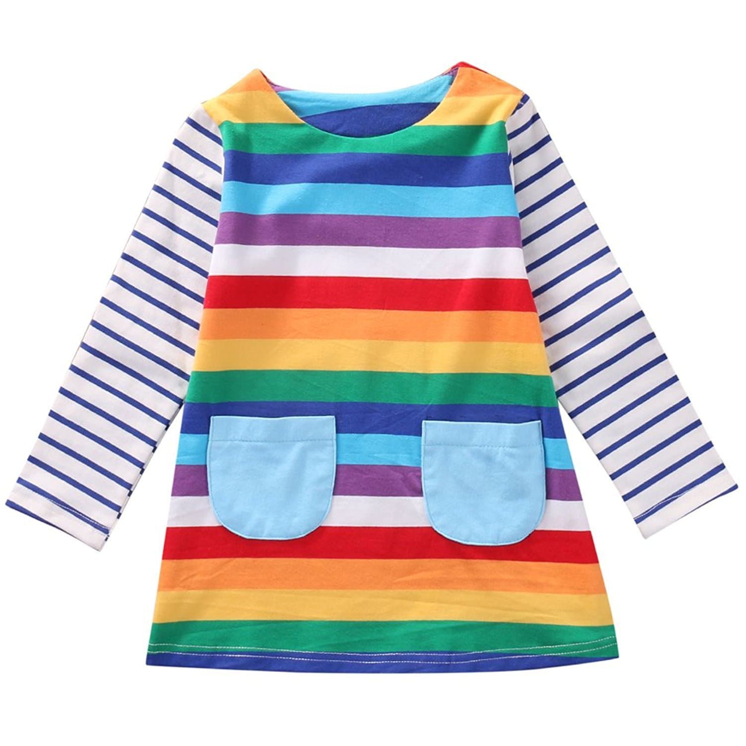 MINSINHO Cute Toddler Baby Kids Girl Long Sleeve Striped Rainbow Party Dress Spring Autumn Clothes (Multicoloured, 3-4 Years)