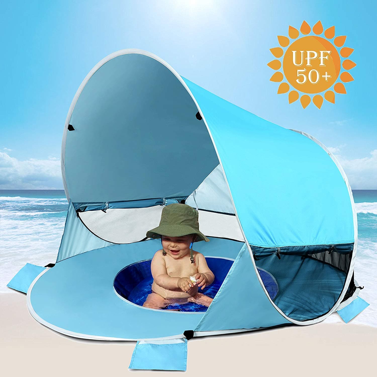 Poray Sports Baby Beach Tent with Built-in Pool, Infant Pop Up Tent with 2 Mesh Side Windows, 2 Side Pockets, UPF 50+ Sun Shade Shelter with Rear Zipper Panel for Aged 0-3, Fits 1-2 Children