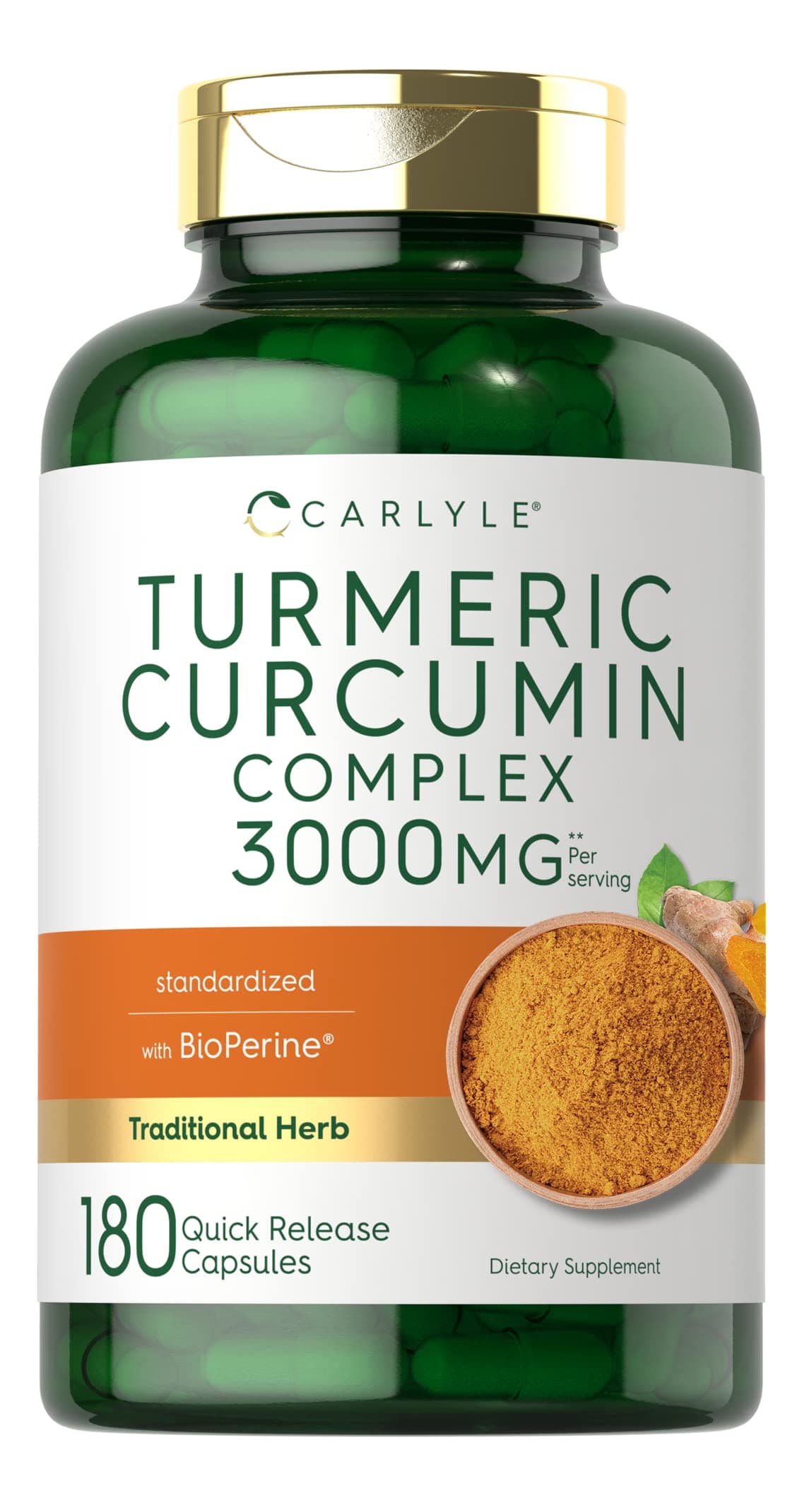 Carlyle Turmeric Curcumin Supplement | 180 Capsules | with Black Pepper, Curcuminoids and Bioperine | Non-GMO, Gluten Free