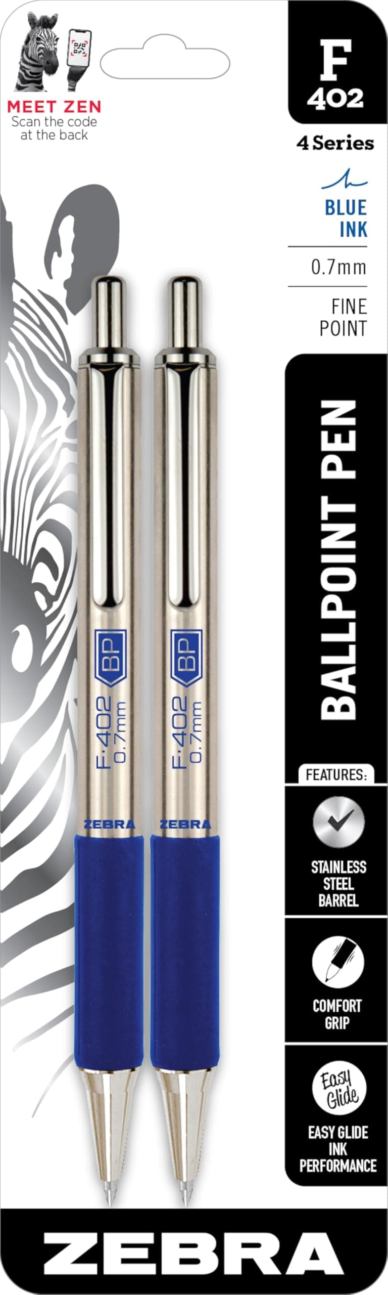 F-402 Ballpoint tainle Teel Retractable Pen, Fine Point, 0.7mm, Blue Ink, 2-Count