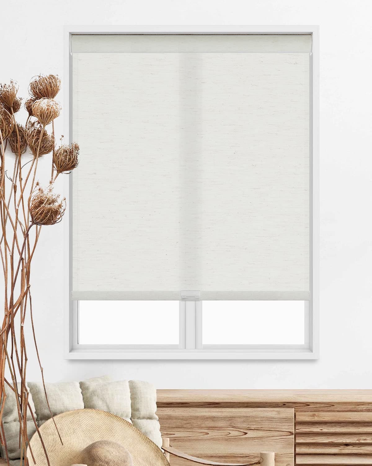 Persilux Custom Size Free-Stop Cordless Roller Blinds for Windows Blinds Natural Woven Linen Fabric UV Protection Light Filtering Roller Shades for Windows Privacy Window Shades for Home Linen Cream