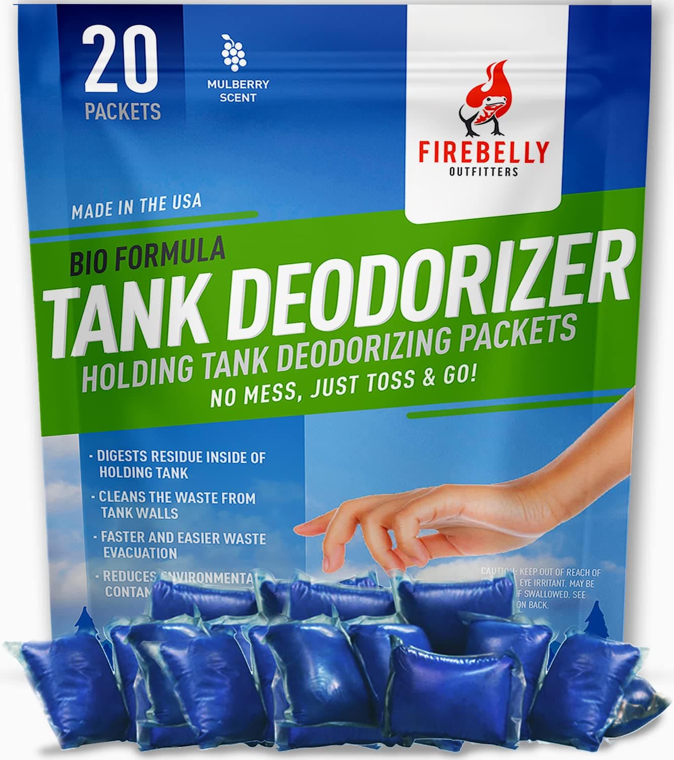 Firebelly Outfitters - RV Deodorizer & Septic Treatment Pods - Portable Toilet Chemicals, Marine Camper Sewer Cleaner, Odor Neutralizer, Formaldehyde-Free Holding Tank Solution - 20 Mulberry Packets