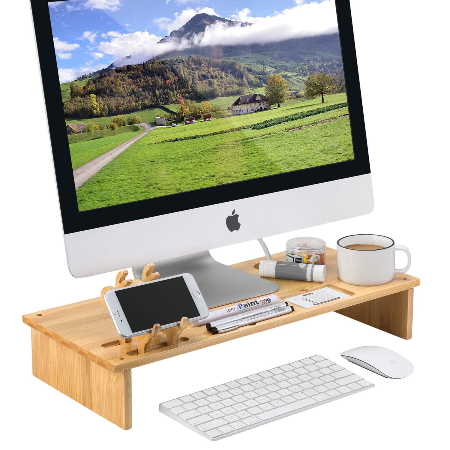 MaidMAX Monitor Riser Stand Bamboo Screen Riser, Desktop Storage Organiser for Computers & Laptops, with 2 Deer Phone Holder, Original, W54 x D23 x H9cm (Computer and accessories are not included)