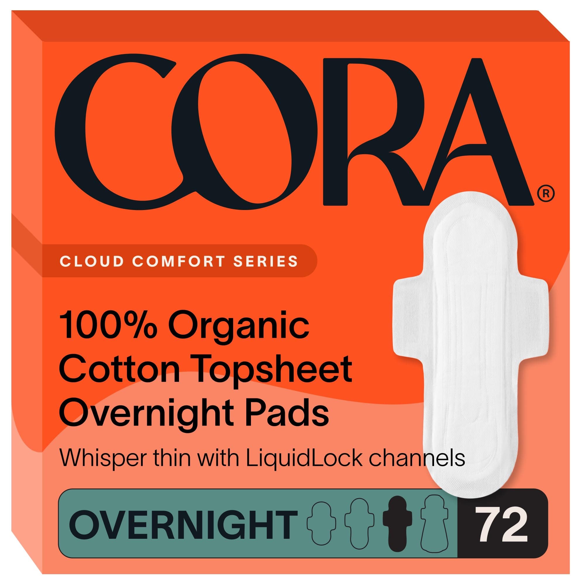Cora 100% Organic Cotton Topsheet Pads (72 Overnight Pads)