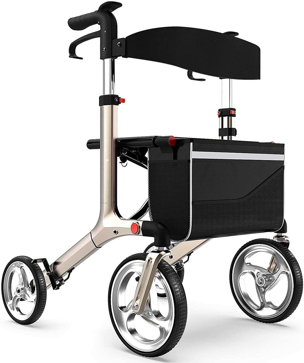 Healconnex Luxury Rollator Walkers for Seniors-Bulit-in Cable Rollator Walker with Seat, 10" Large Wheels,Aluminium Lightweight Senior Walker with Soft Rubber Handle,Padded Seat and Backrest