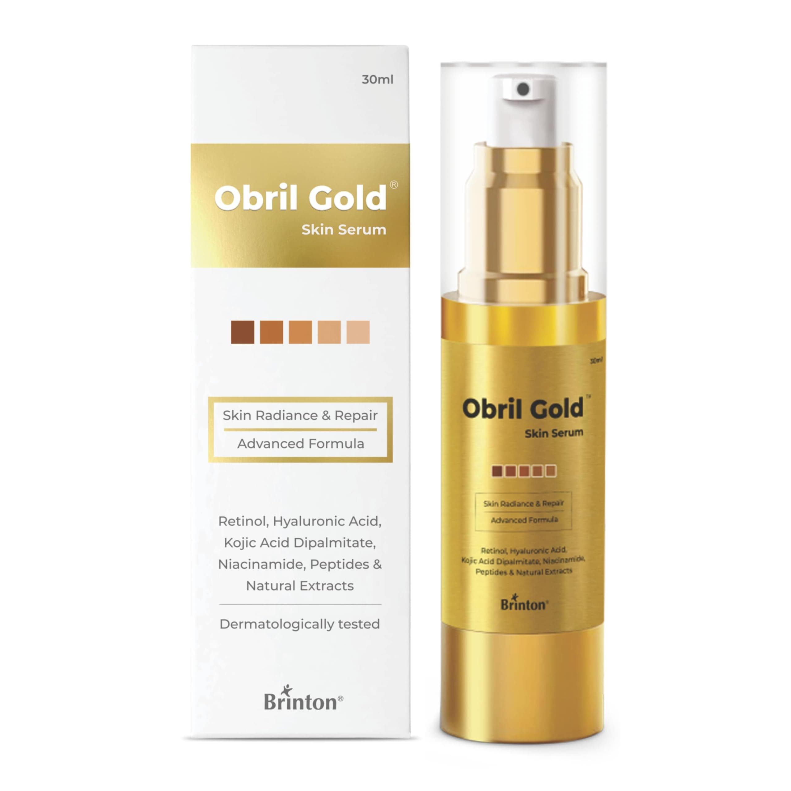 Obril Gold Skin Serum with Hyaluronic Acid, Retinol and Kojic Acid | Dermatologically Tested | All Skin Types | For Men and Women - 30ml