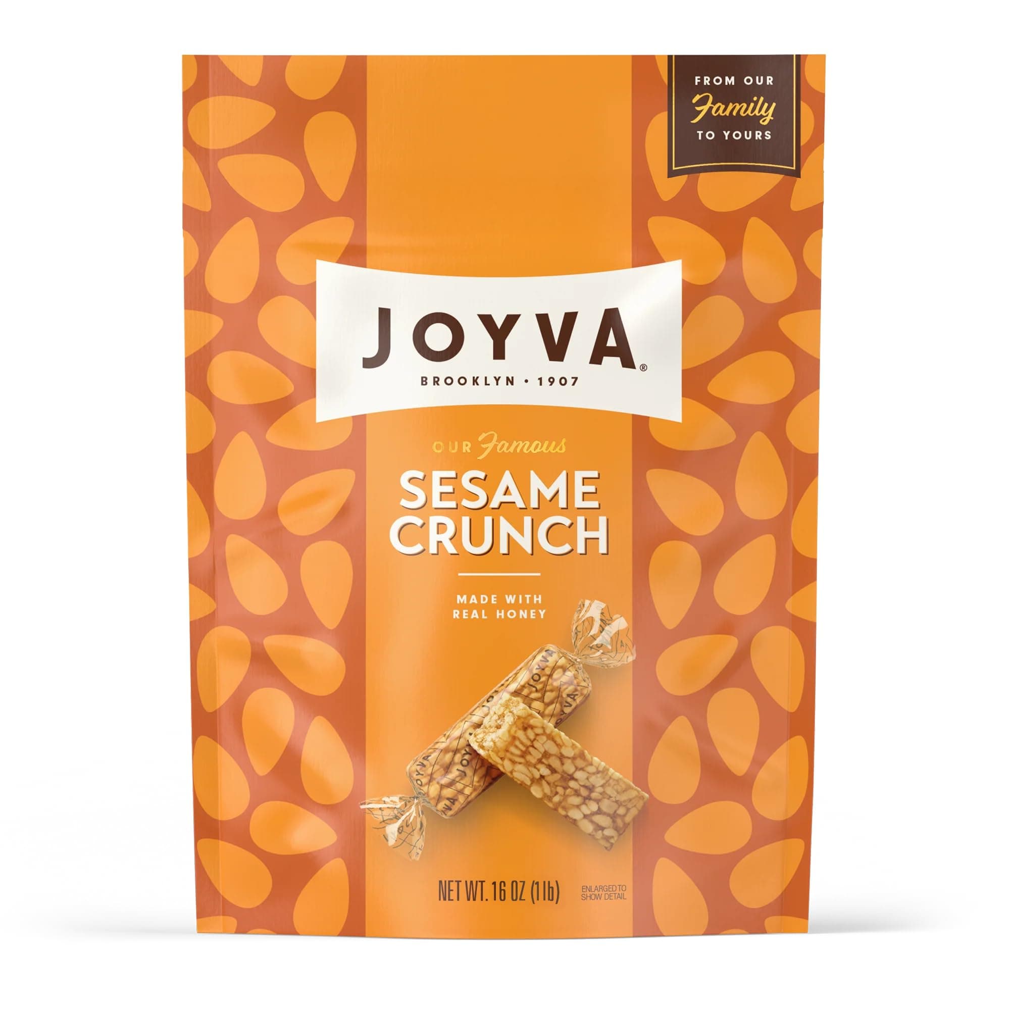 Joyva Sesame Crunch, 16 oz (454g) Pouch | Individually Wrapped Honey Sesame Candy | Kosher Parve, Gluten-Free, Dairy-Free | Crunchy Snack with Roasted Sesame Seeds | Made in Brooklyn, NY
