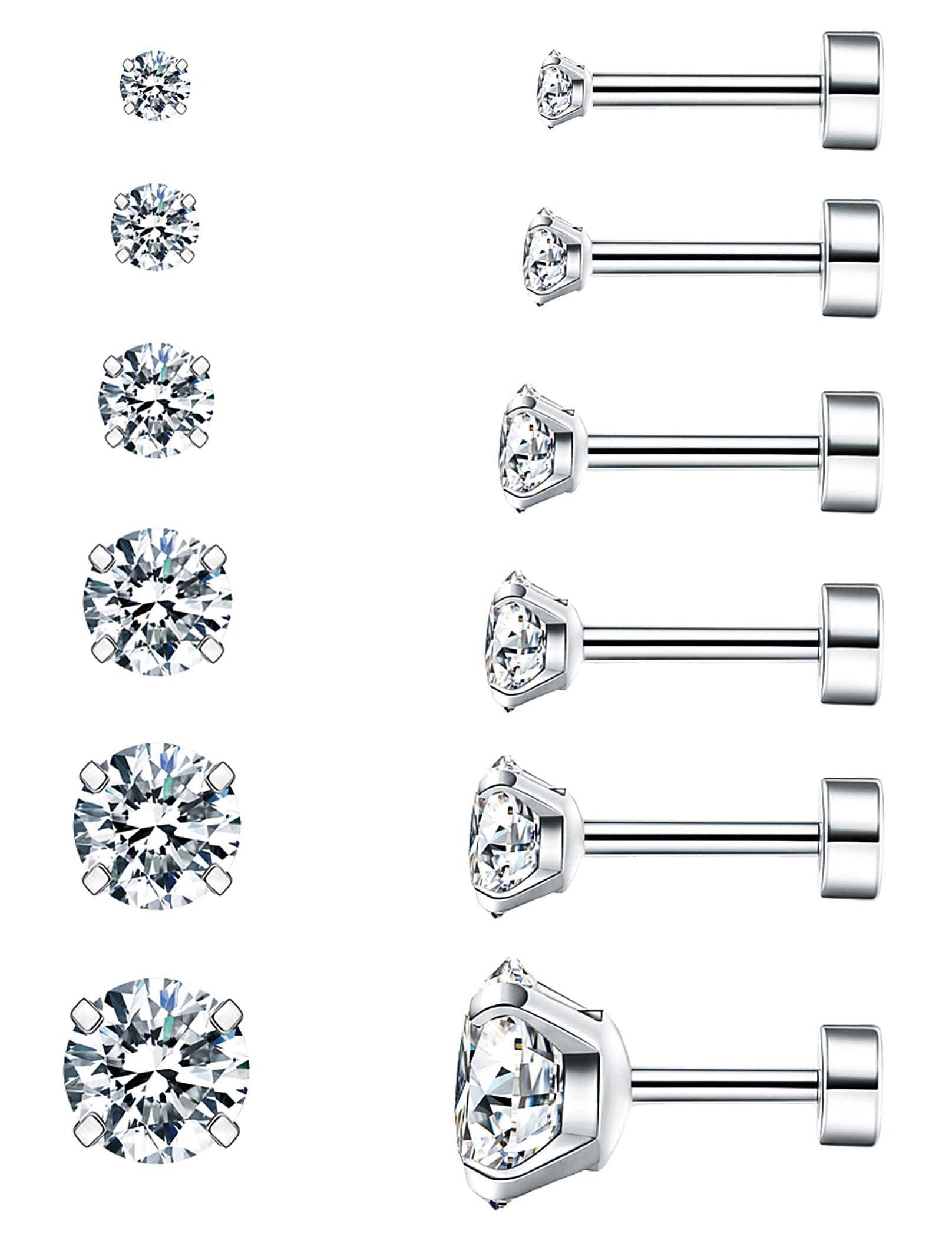 6 Pairs Hypoallergenic Cubic Zirconia Earrings Surgical Steel Flat Back Studs for Cartilage, Screw Back Fashion Jewelry