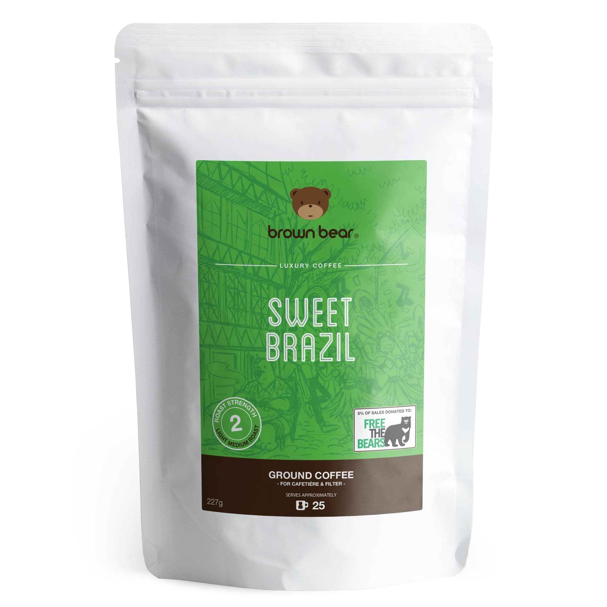 Brazilian Ground Coffee 227g - Ideal for French Press Cafetiere Filter Drip V60 Aeropress - Brown Bear Sweet Brazil - Light Medium Roast Ground Coffee - Donation to Free The Bears - 100% Arabica