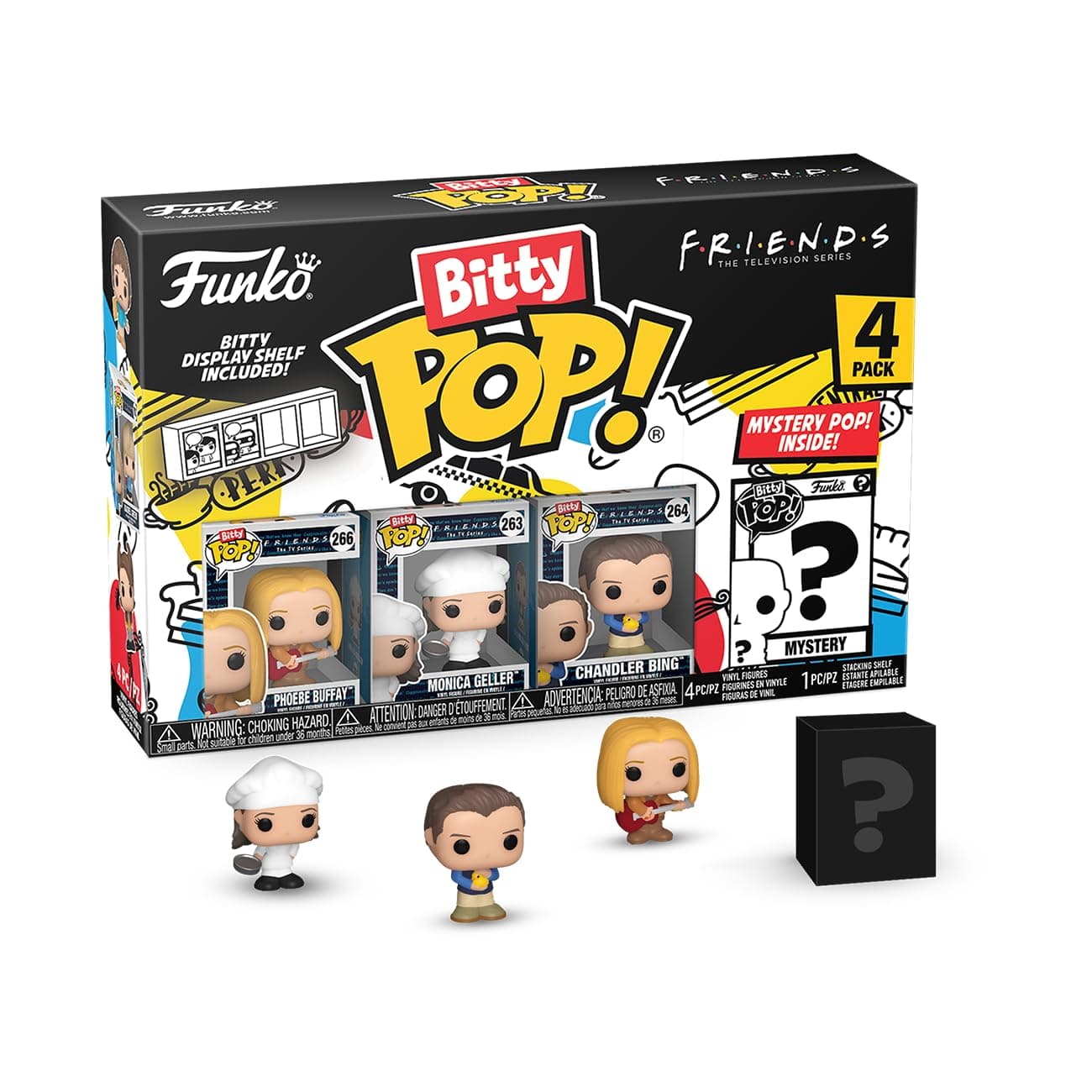 Bitty POP! Friends - Phoebe, 4-Pack and A Surprise Mystery Mini Figure - 0.9 Inch (2.2 Cm) Collectable - Stackable Display Shelf Included - Gift Idea - Party Bags Stocking - Cake Topper