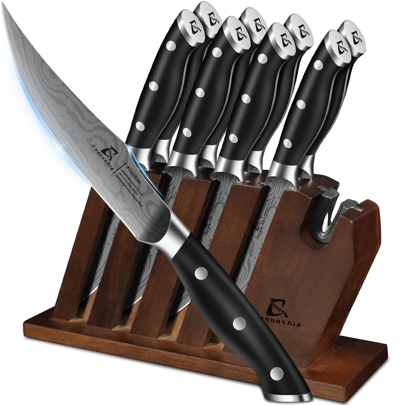 Steak Knives Set of 8 with Block Built-in Sharpener, 4.8 Inch Non Serrated Razor-Sharp Durable Dinner Knives, German Stainless Steel Damascus Pattern Full Tang Forged, Easy to Maintain
